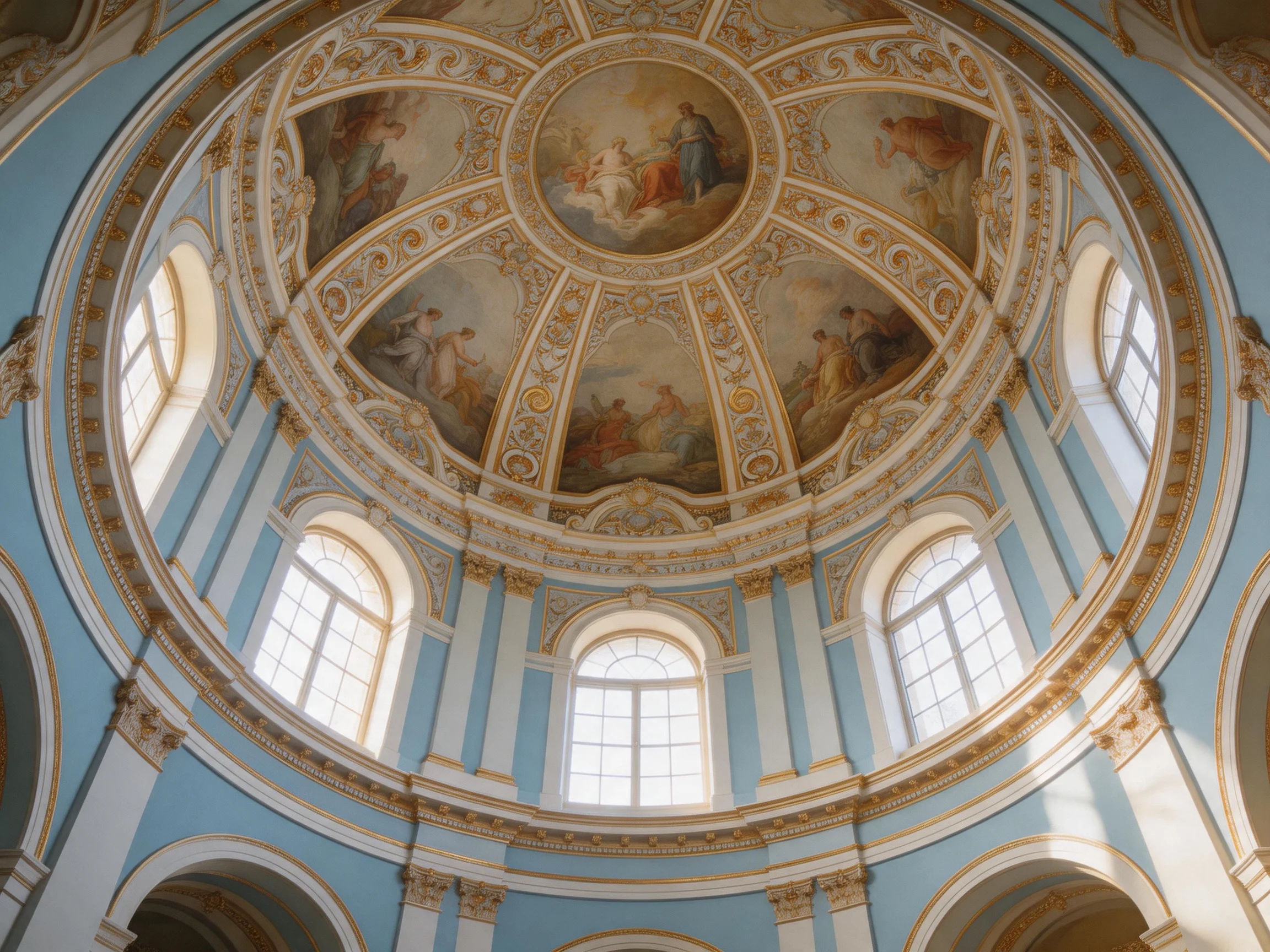 Ornate blue and gold domed ceiling with circular frescoes