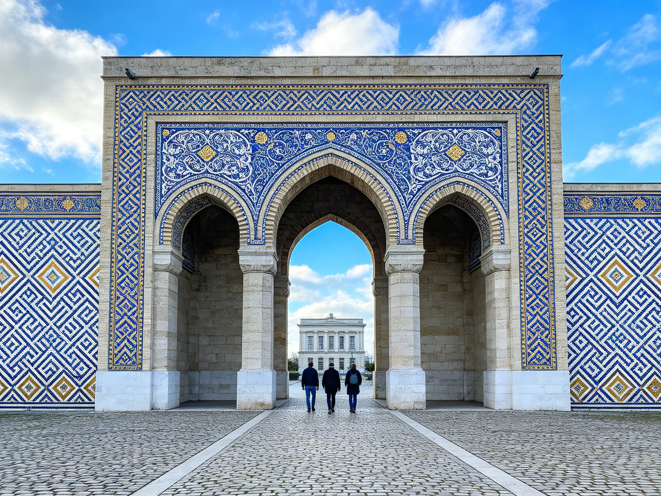 Ornate blue-tiled archway with stone columns and cobblestone path