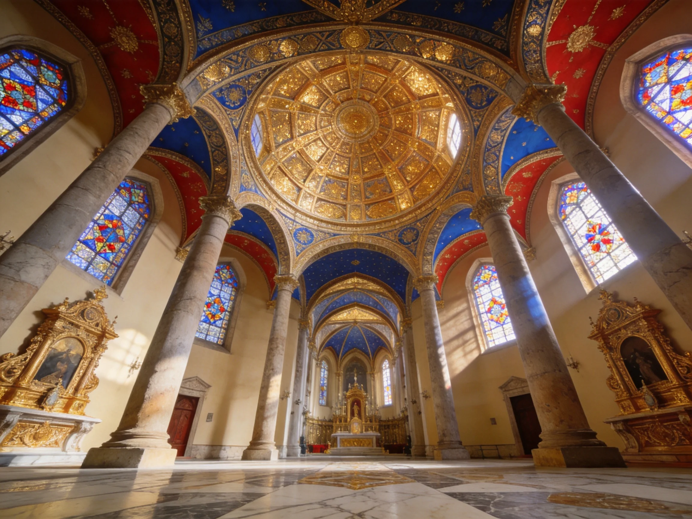 Ornate church interior with golden dome, blue ceiling, and tall columns