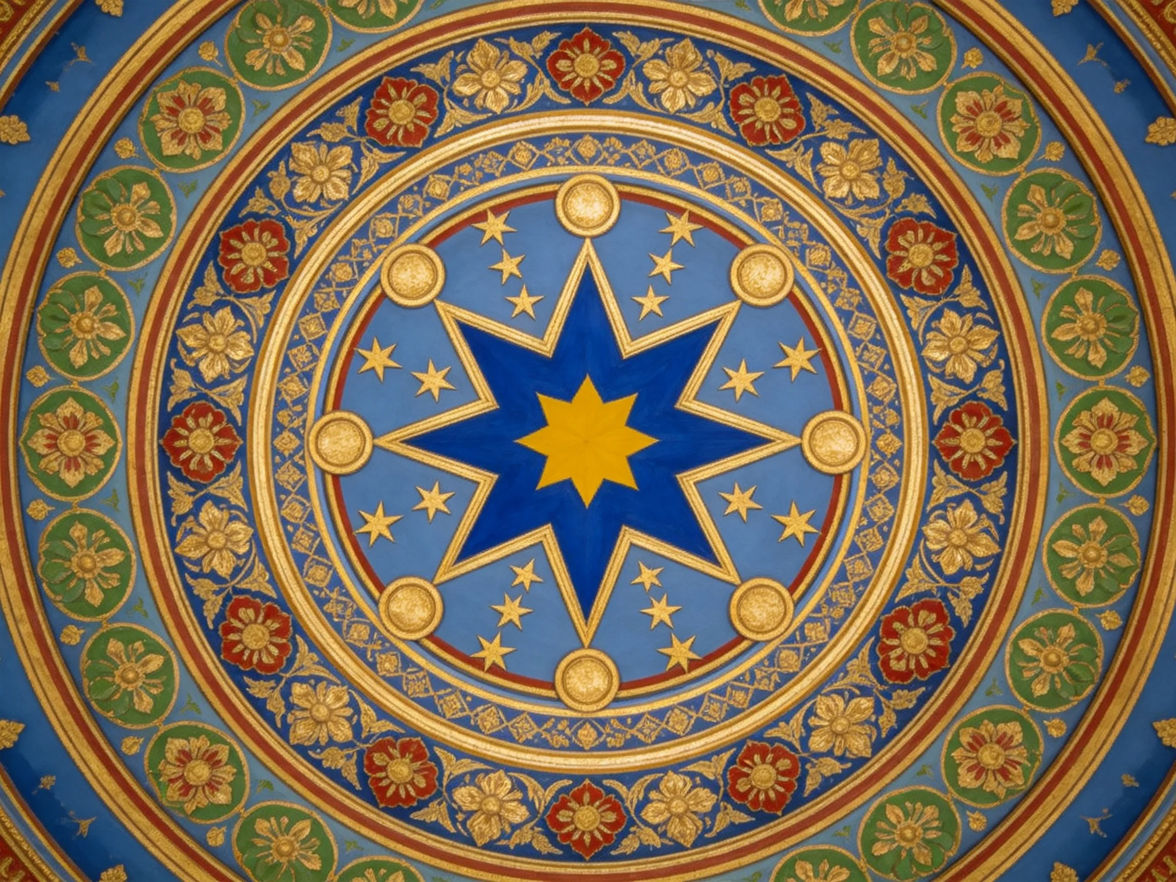 Ornate circular ceiling with blue, gold, and floral motifs