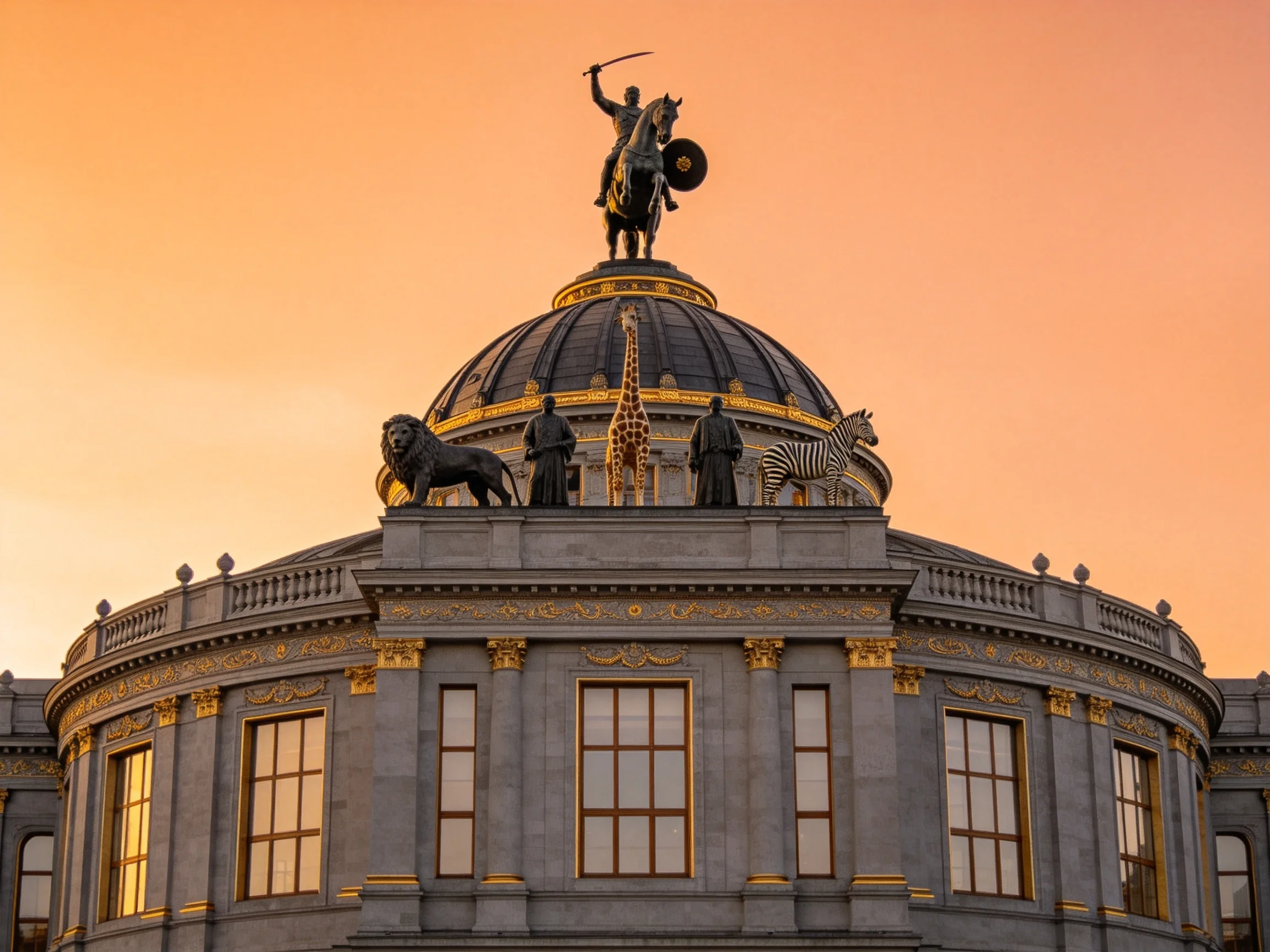 Ornate domed building with animal statues and warrior sculpture, golden accents, under orange sky