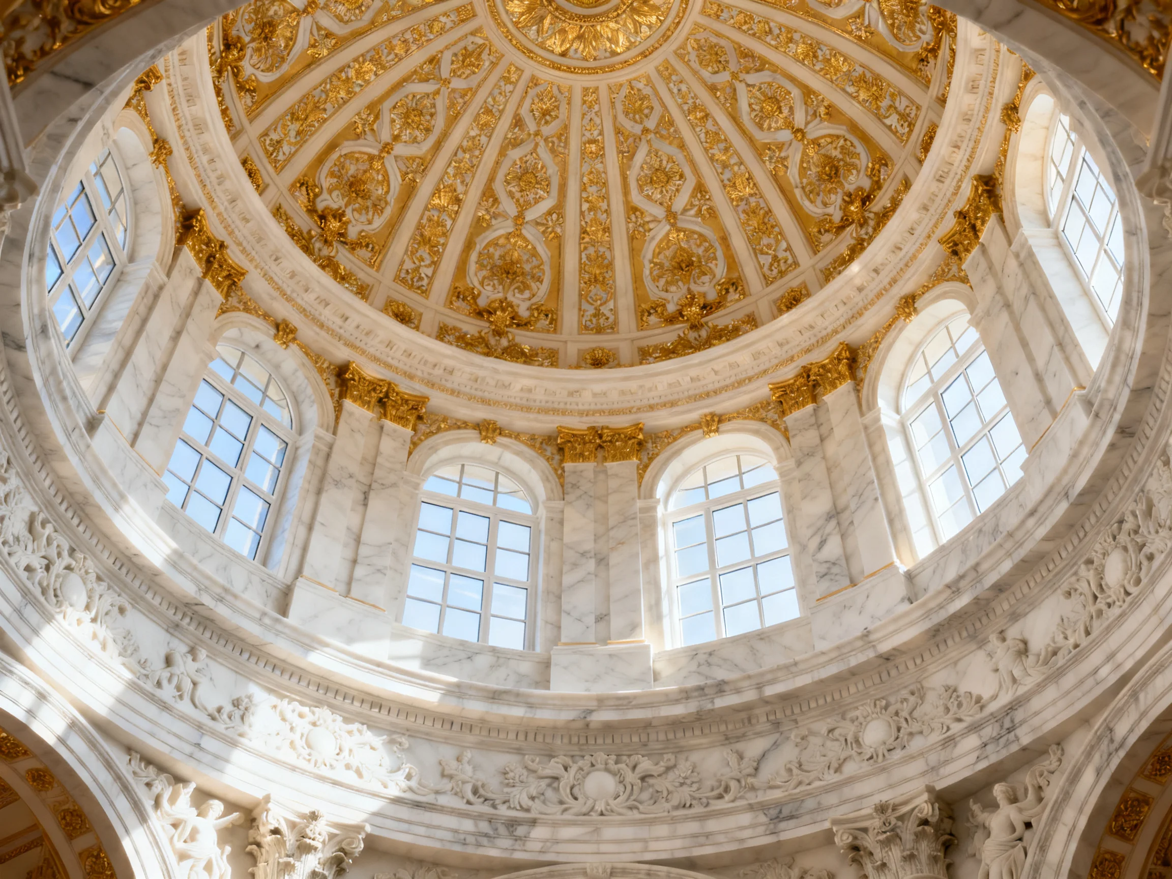Ornate domed ceiling with golden details and marble walls