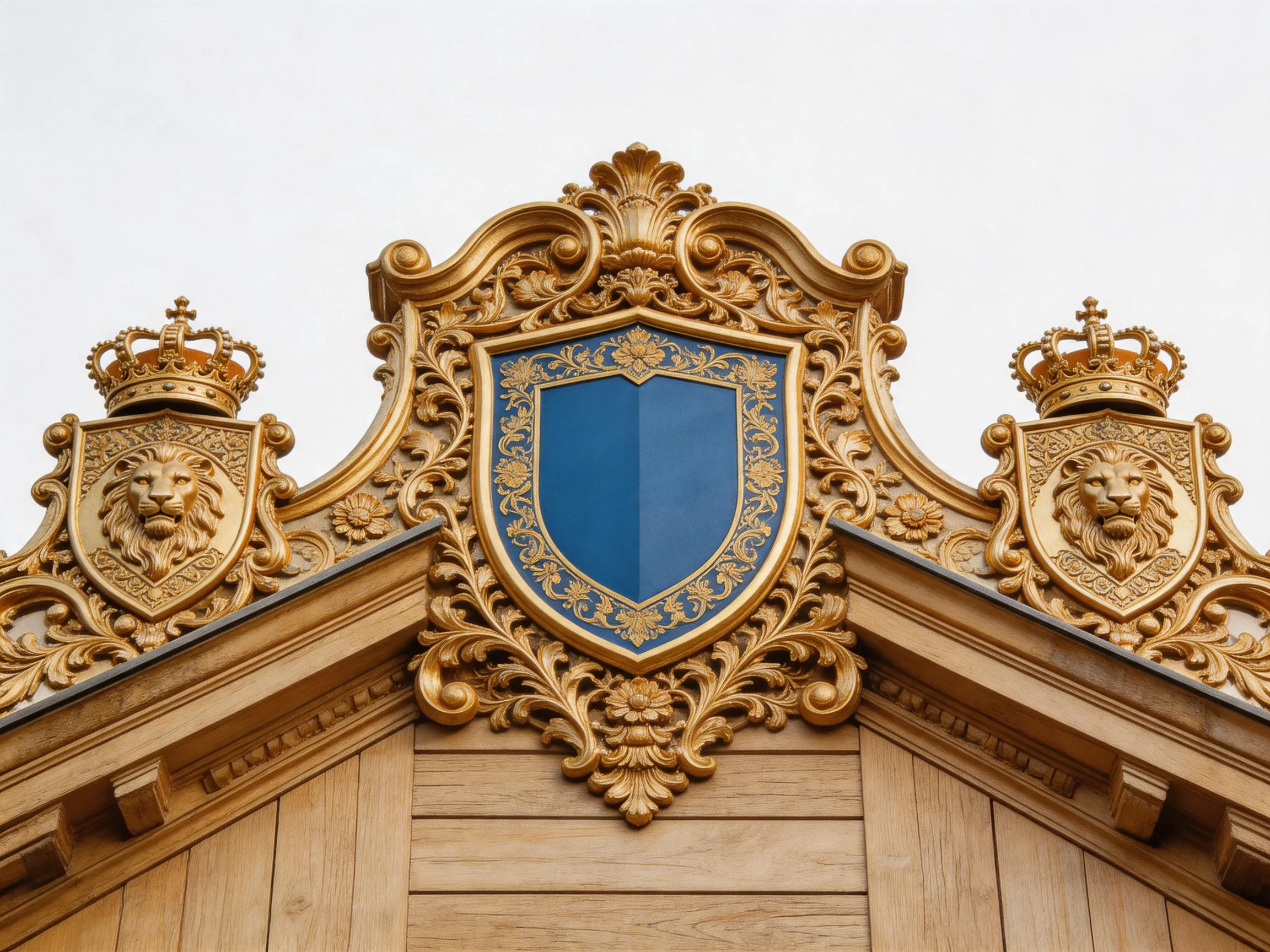 Ornate golden crest with blue shield and crowned lion shields
