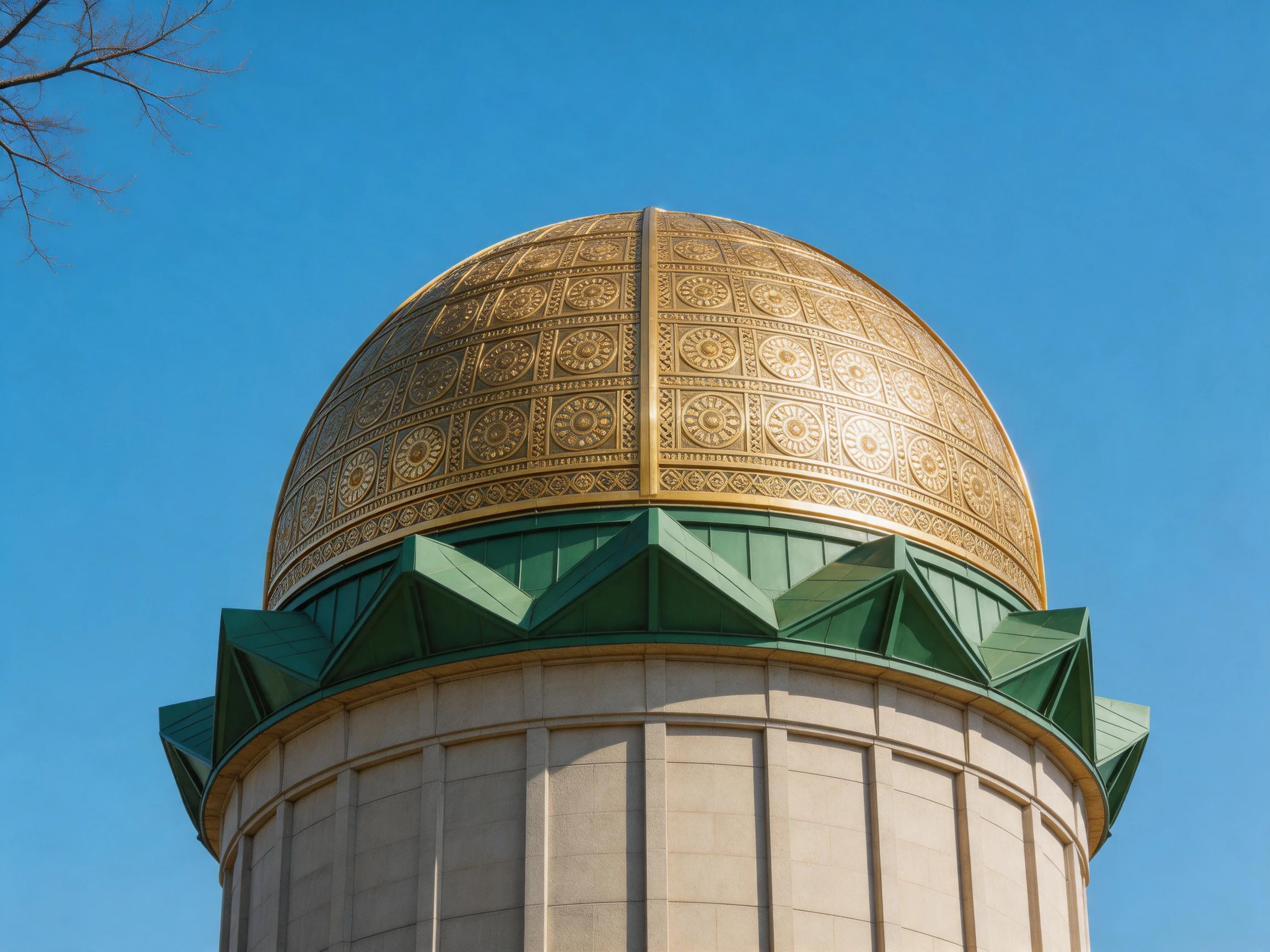 Ornate golden dome with green architectural trim on stone tower