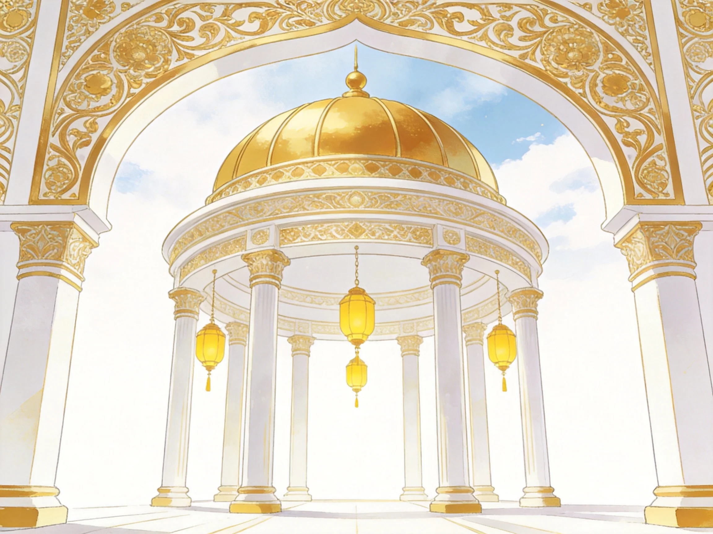 Ornate golden-domed pavilion with white columns and gold accents