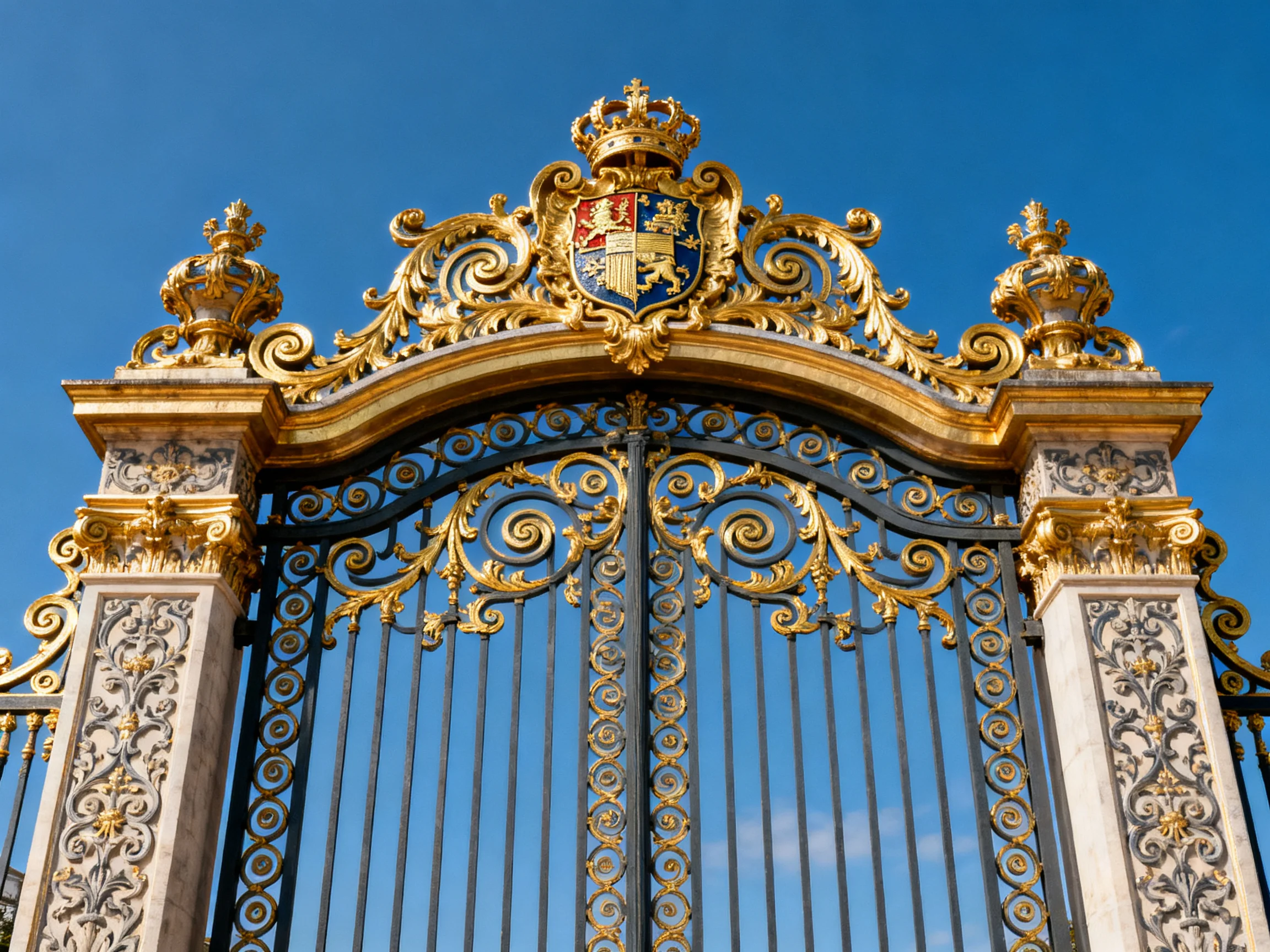 Ornate golden gate with royal crest against clear blue sky