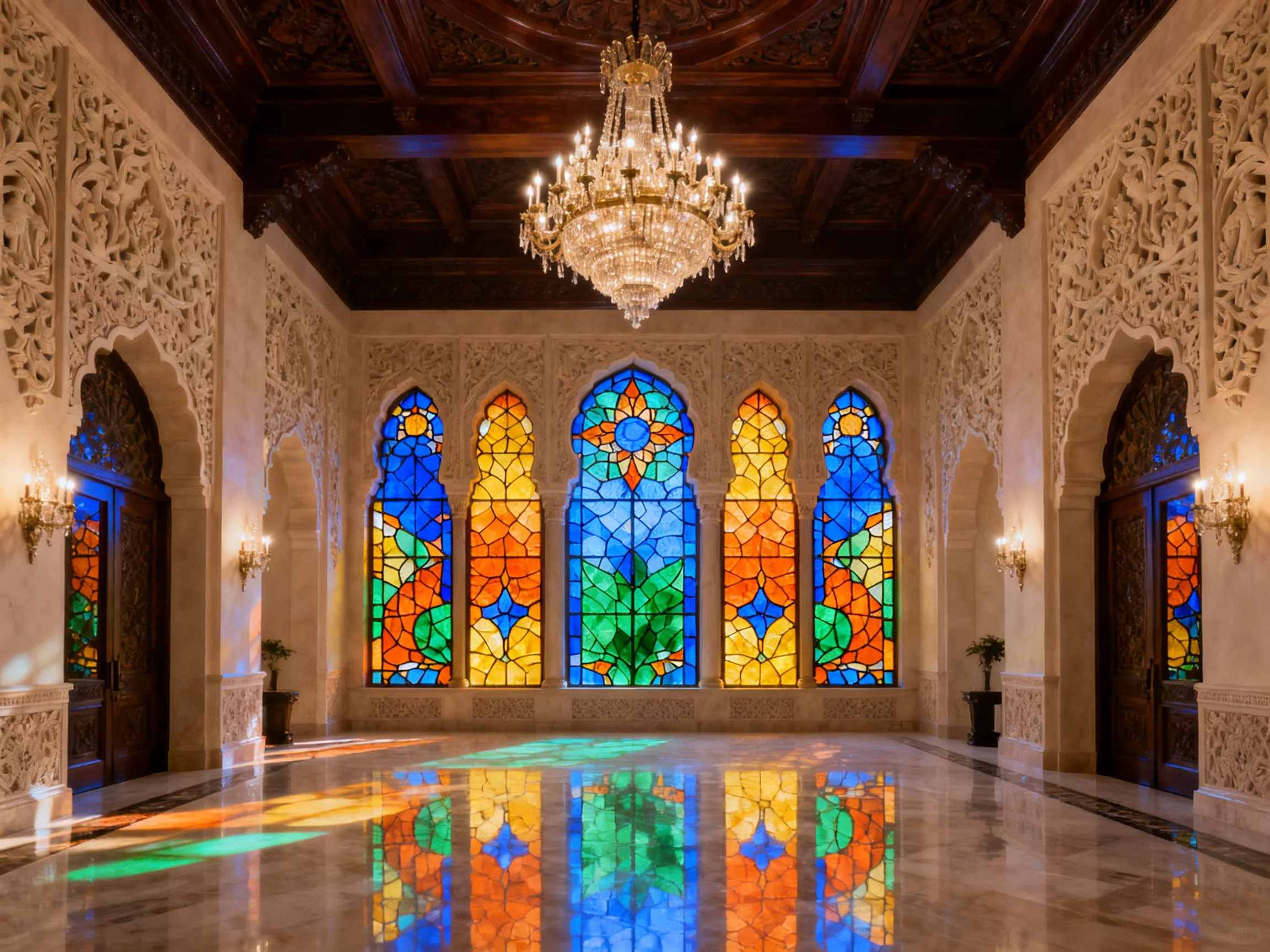 Ornate hall with five colorful stained glass windows and a grand chandelier
