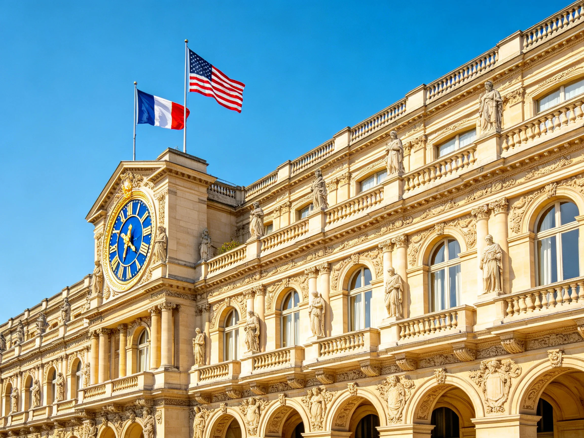 Ornate historic building with large blue clock, two flags