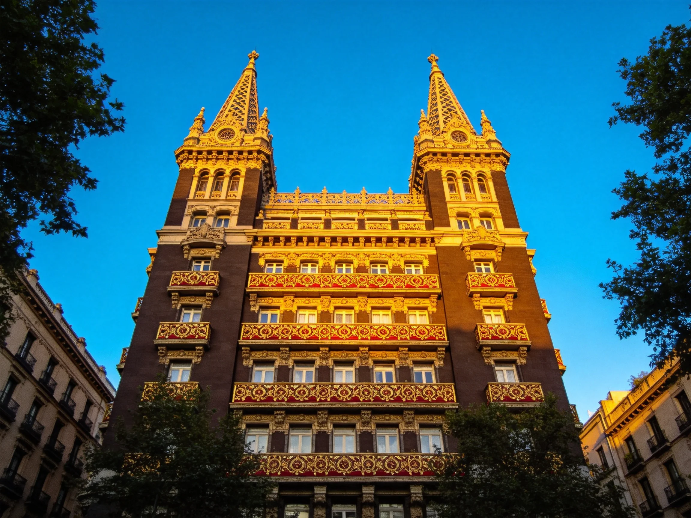 Ornate historic building with twin spires under vibrant blue sky