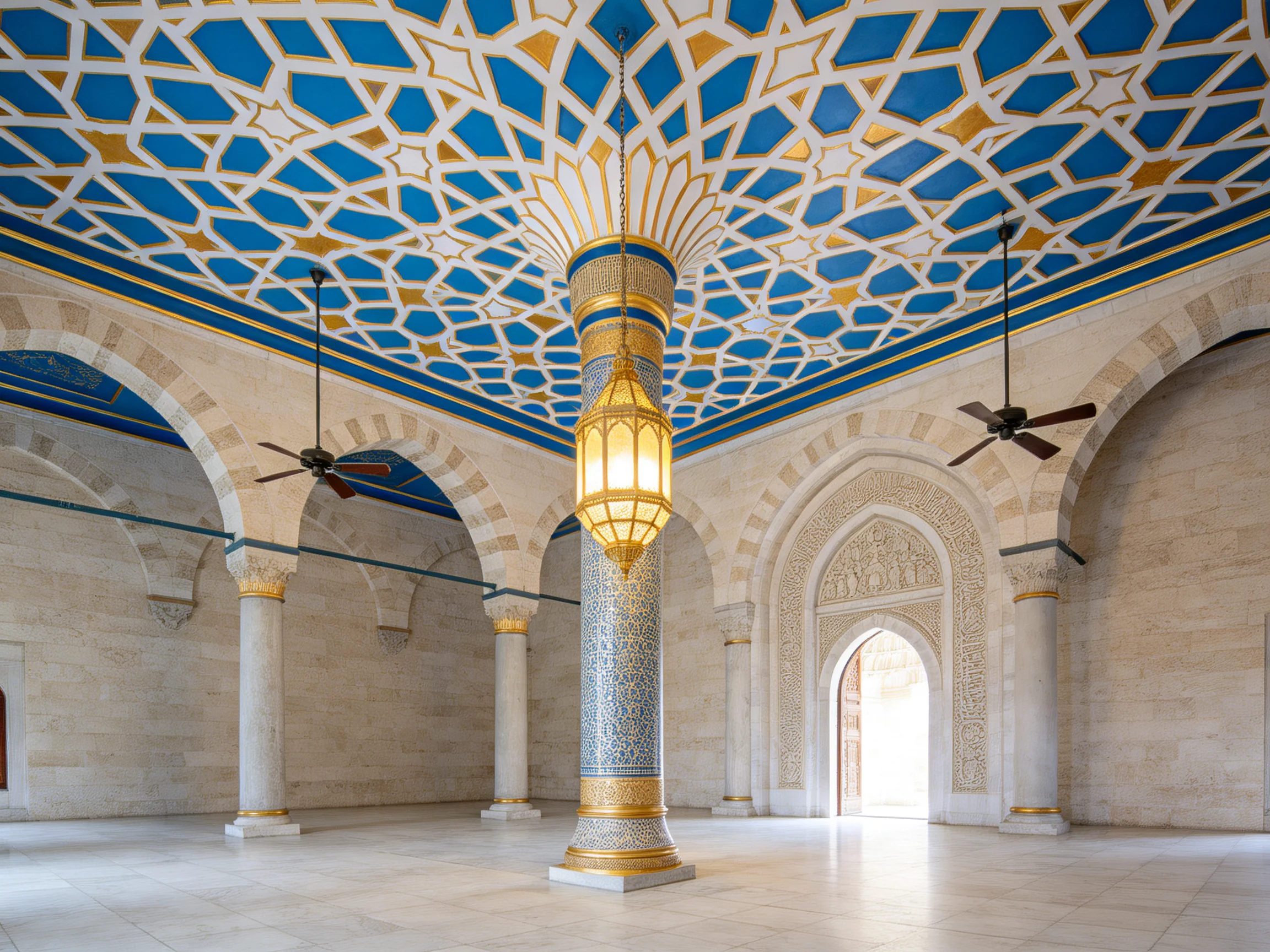 Ornate interior with blue patterned ceiling and golden architectural details