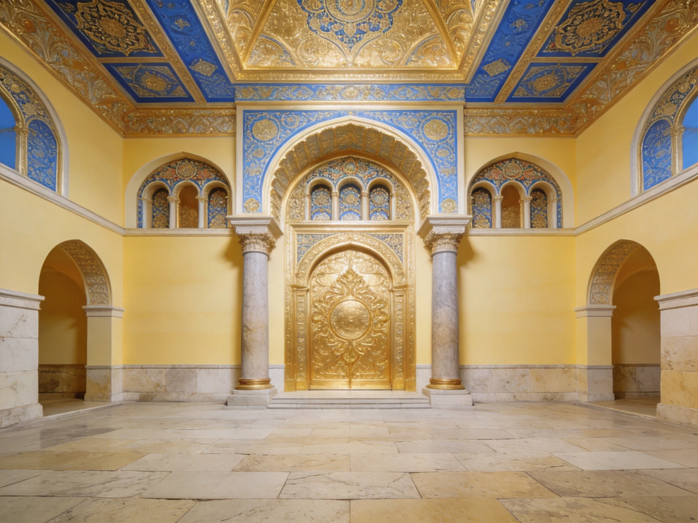 Ornate interior with golden door, blue ceiling, and yellow walls.
