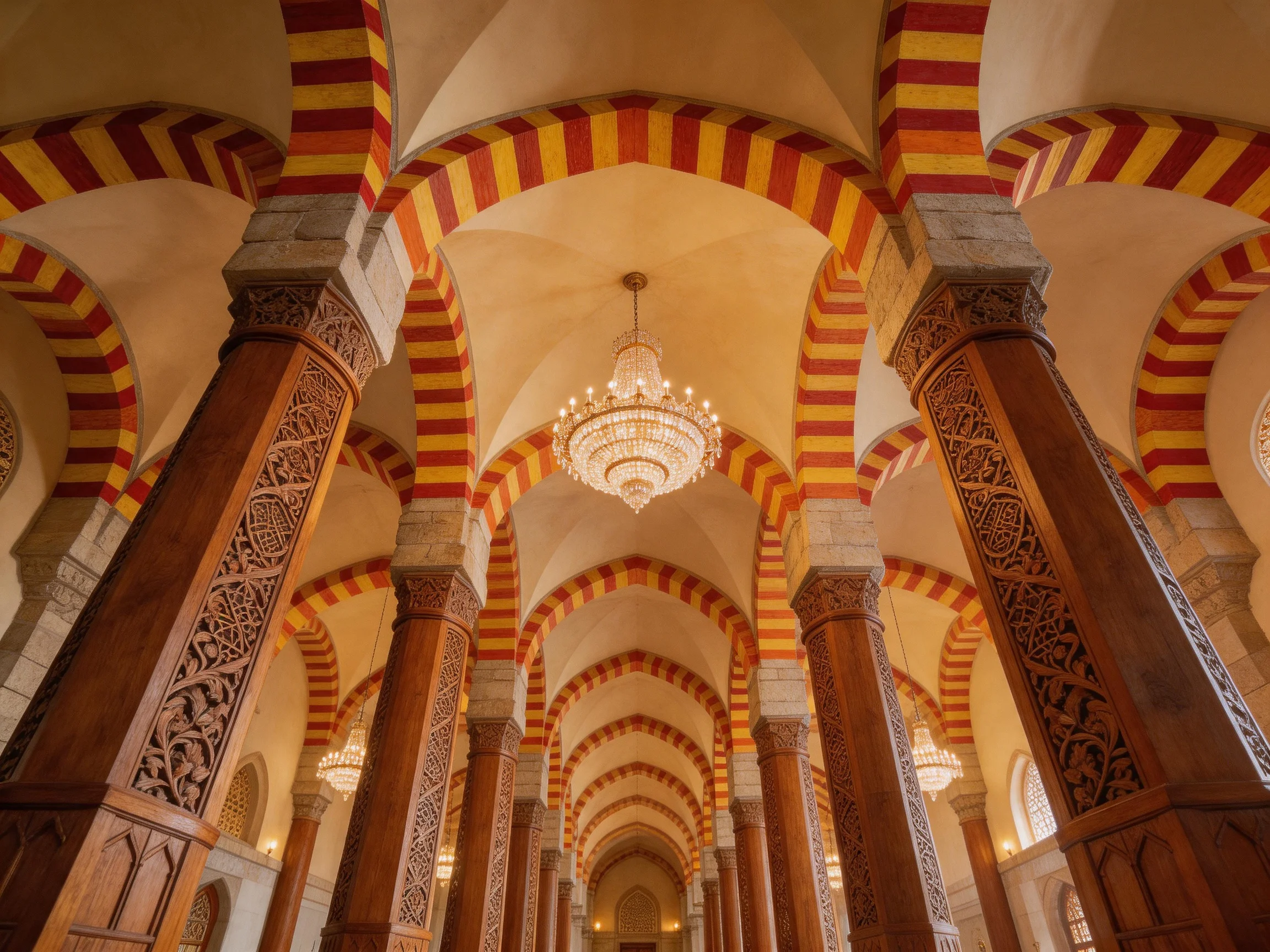 Ornate interior with red-yellow striped arches, carved columns, and crystal chandeliers