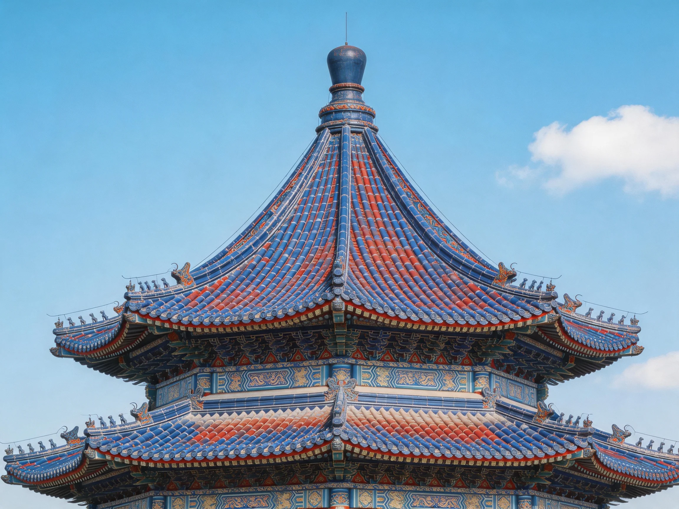 Ornate multi-tiered pagoda roof with blue and red glazed tiles