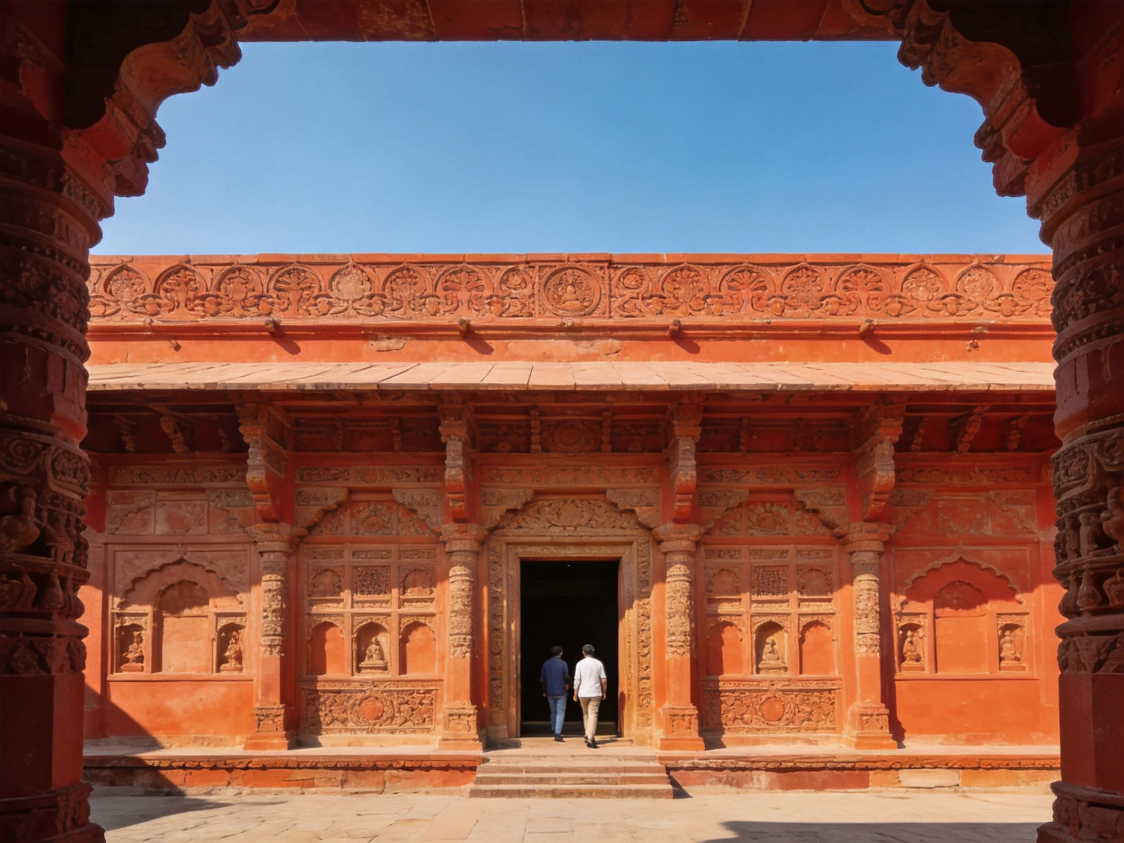 Ornate orange-hued historical structure with carved arches