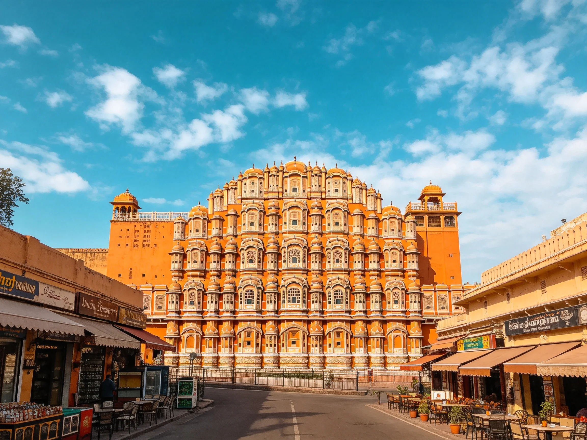 Ornate orange-hued palace with intricate windows under bright sky