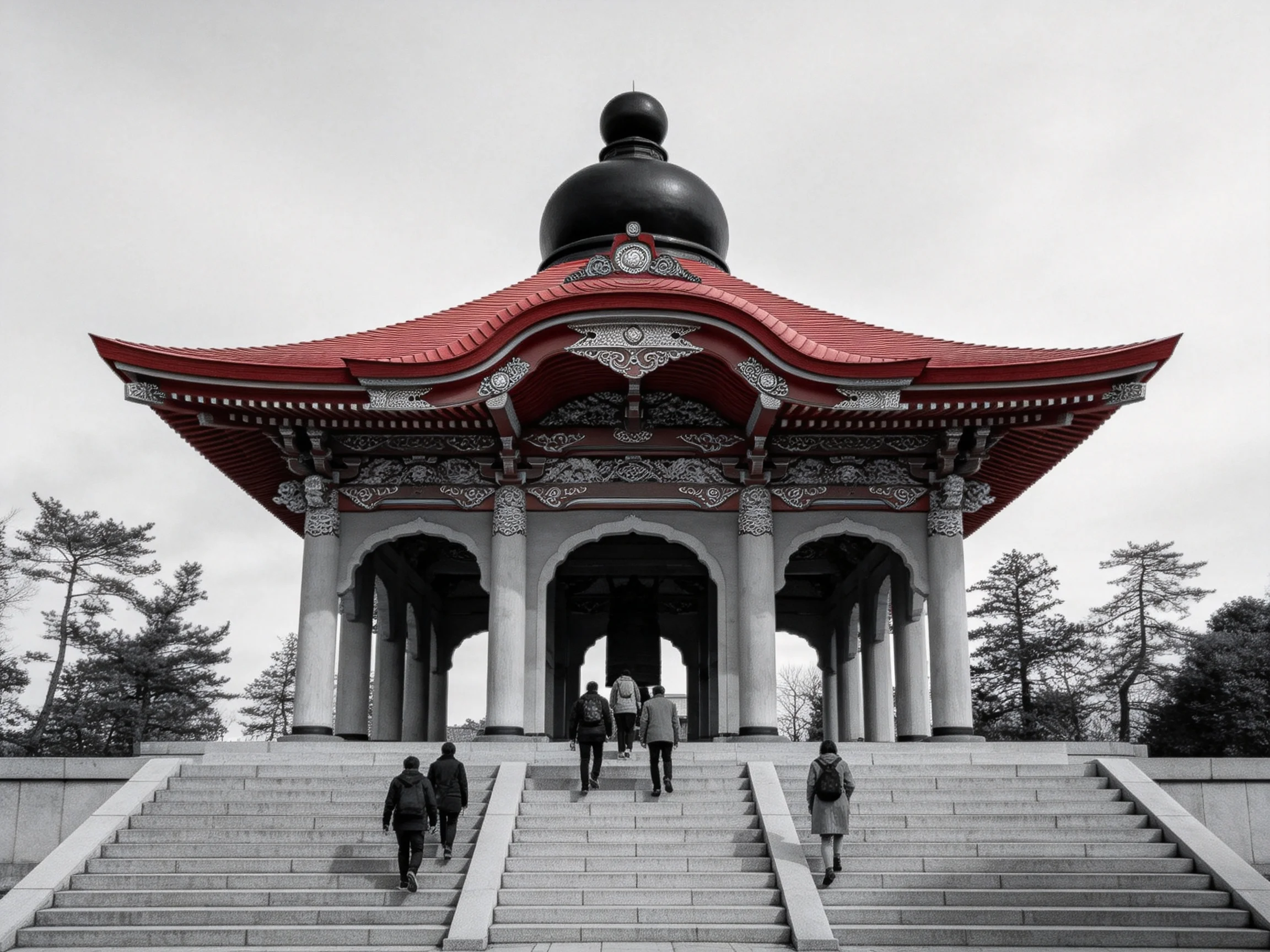 Ornate pavilion with red roof and black dome near trees