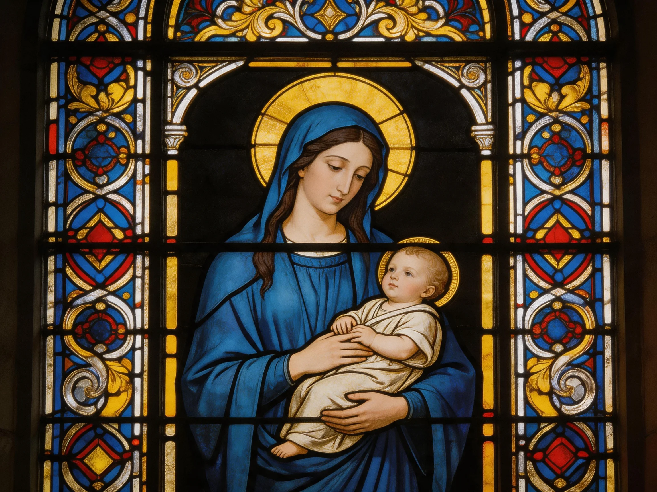 Ornate stained glass portraying Mary in blue with baby Jesus