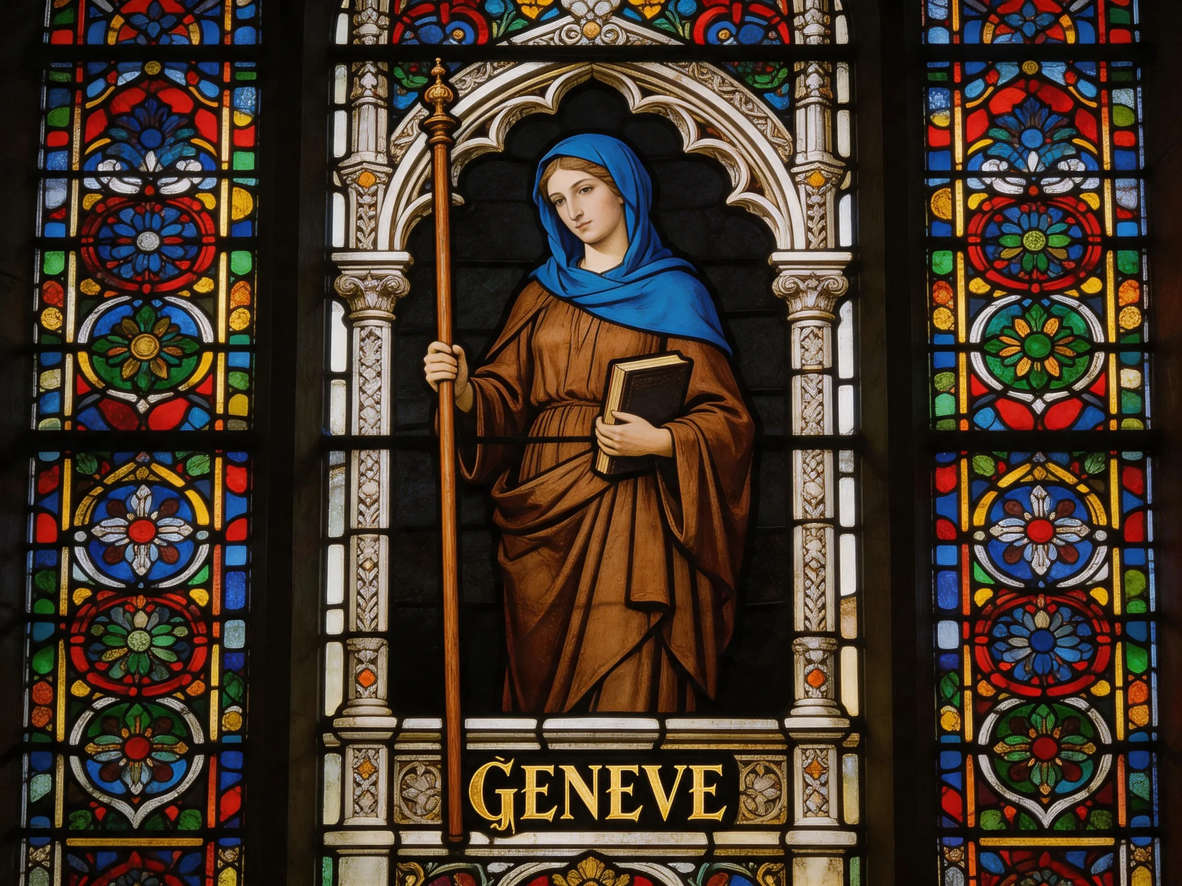 Ornate stained glass window depicting Saint Genevieve with staff and book