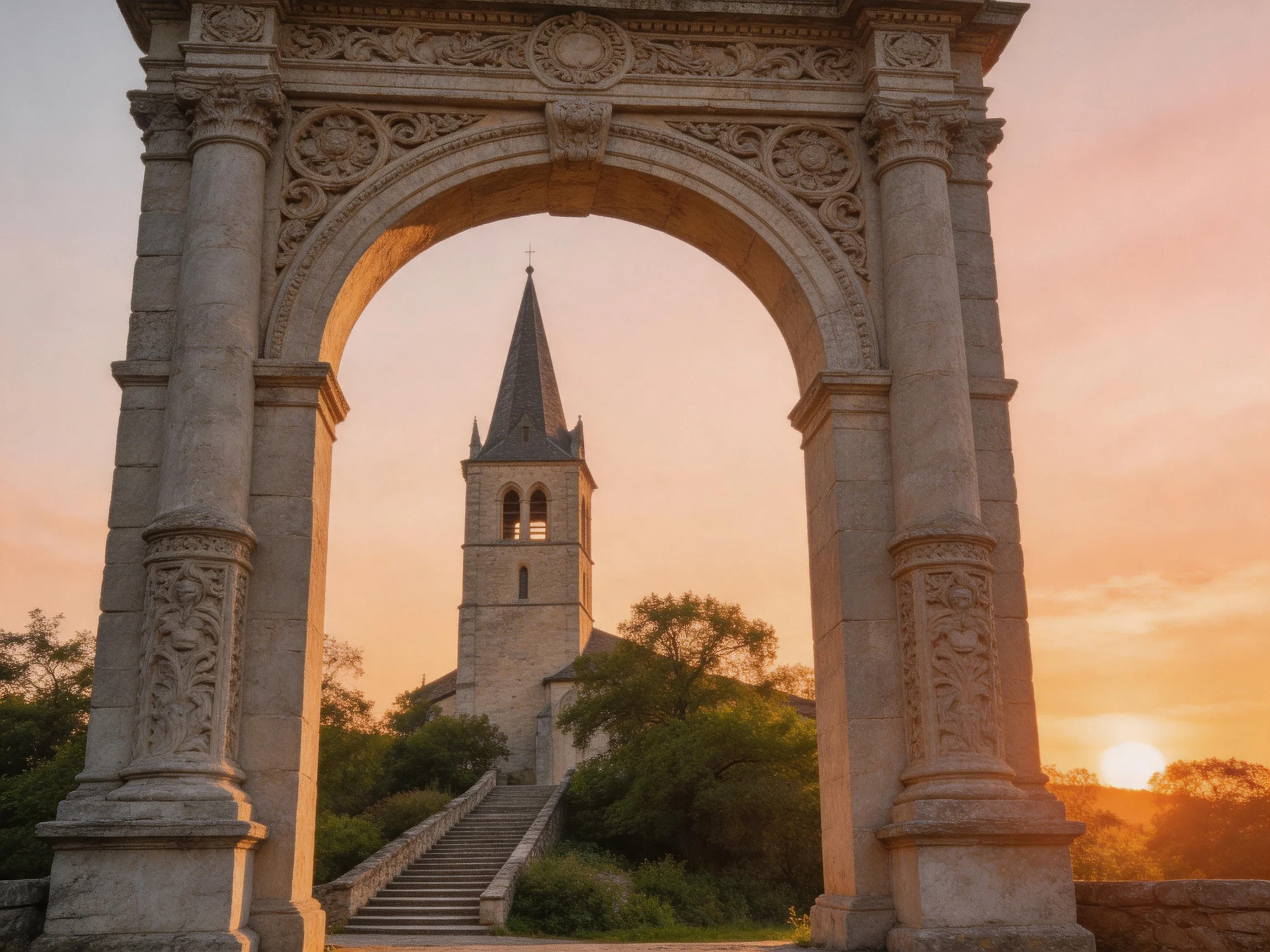 Ornate stone arch frames historic church tower at sunset