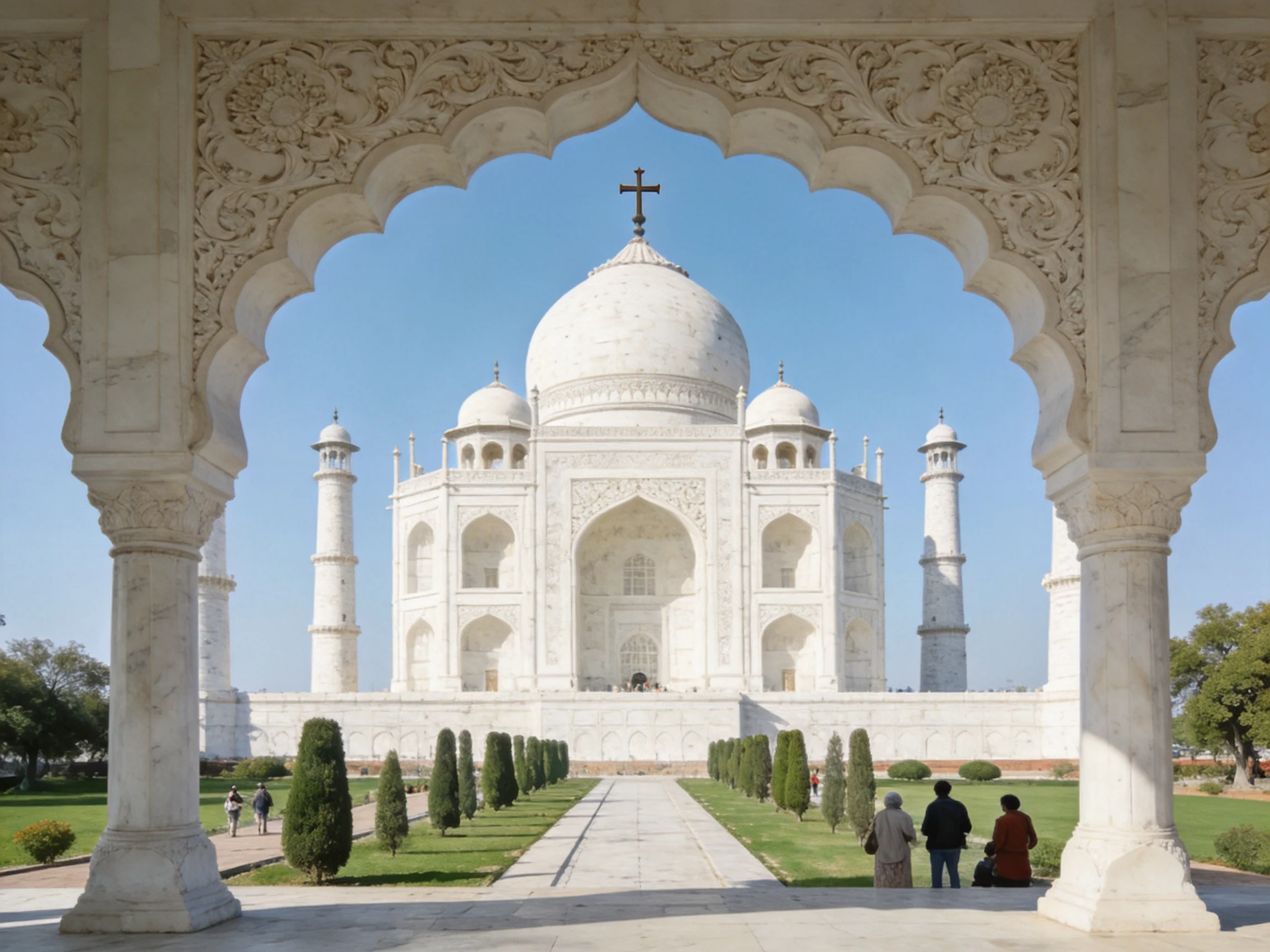 Ornate stone arch framing a grand white marble monument