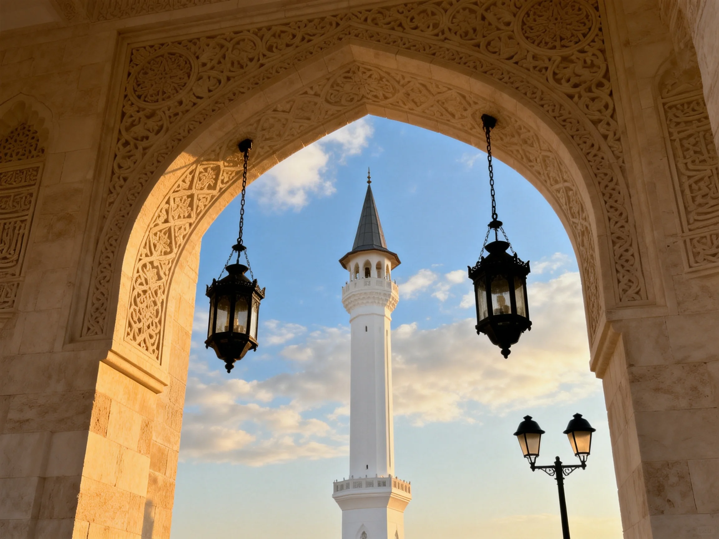 Ornate stone arch with black lanterns and white minaret