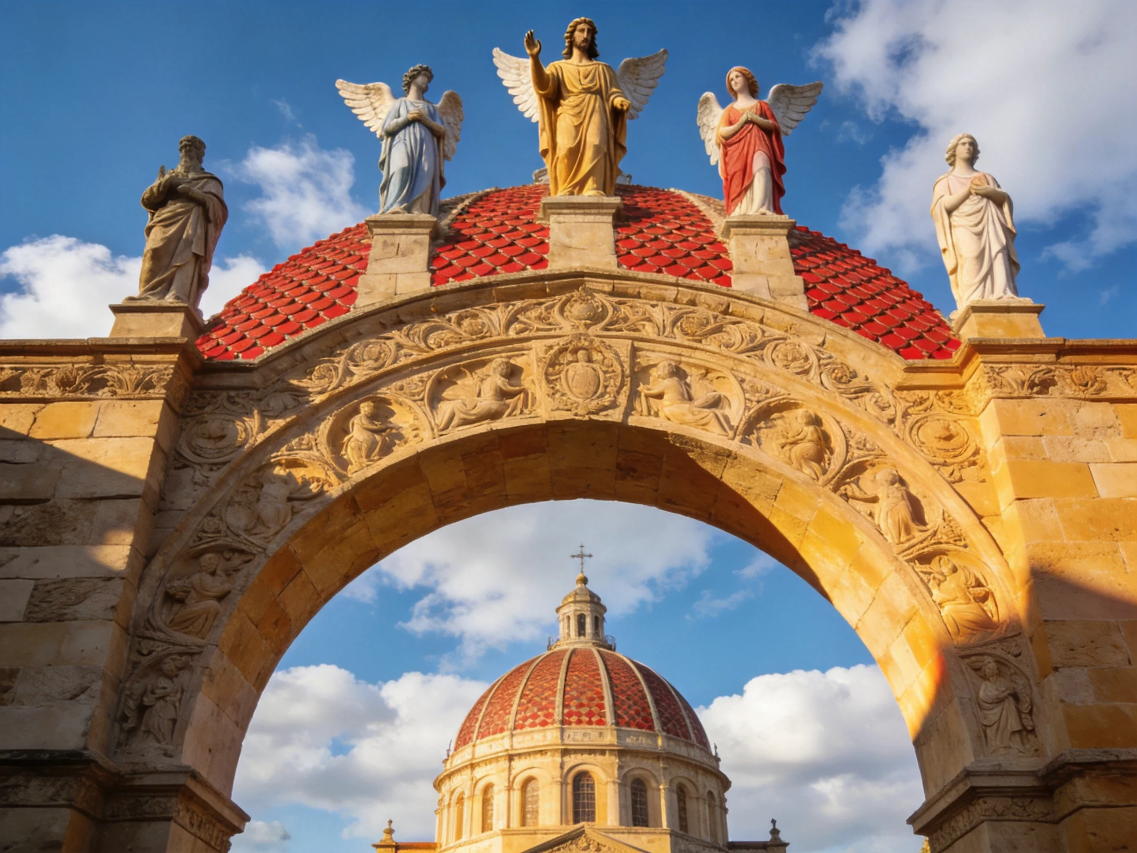 Ornate stone arch with colorful statues and red - tiled domes