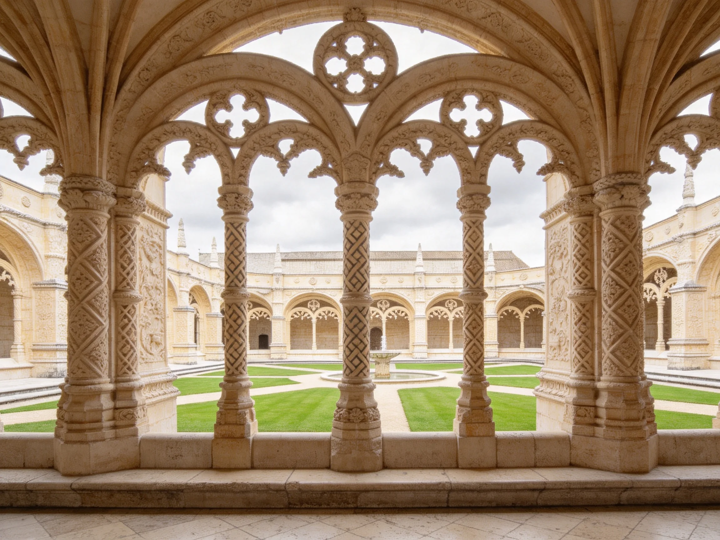 Ornate stone arches frame a symmetrical courtyard with intricate carvings.