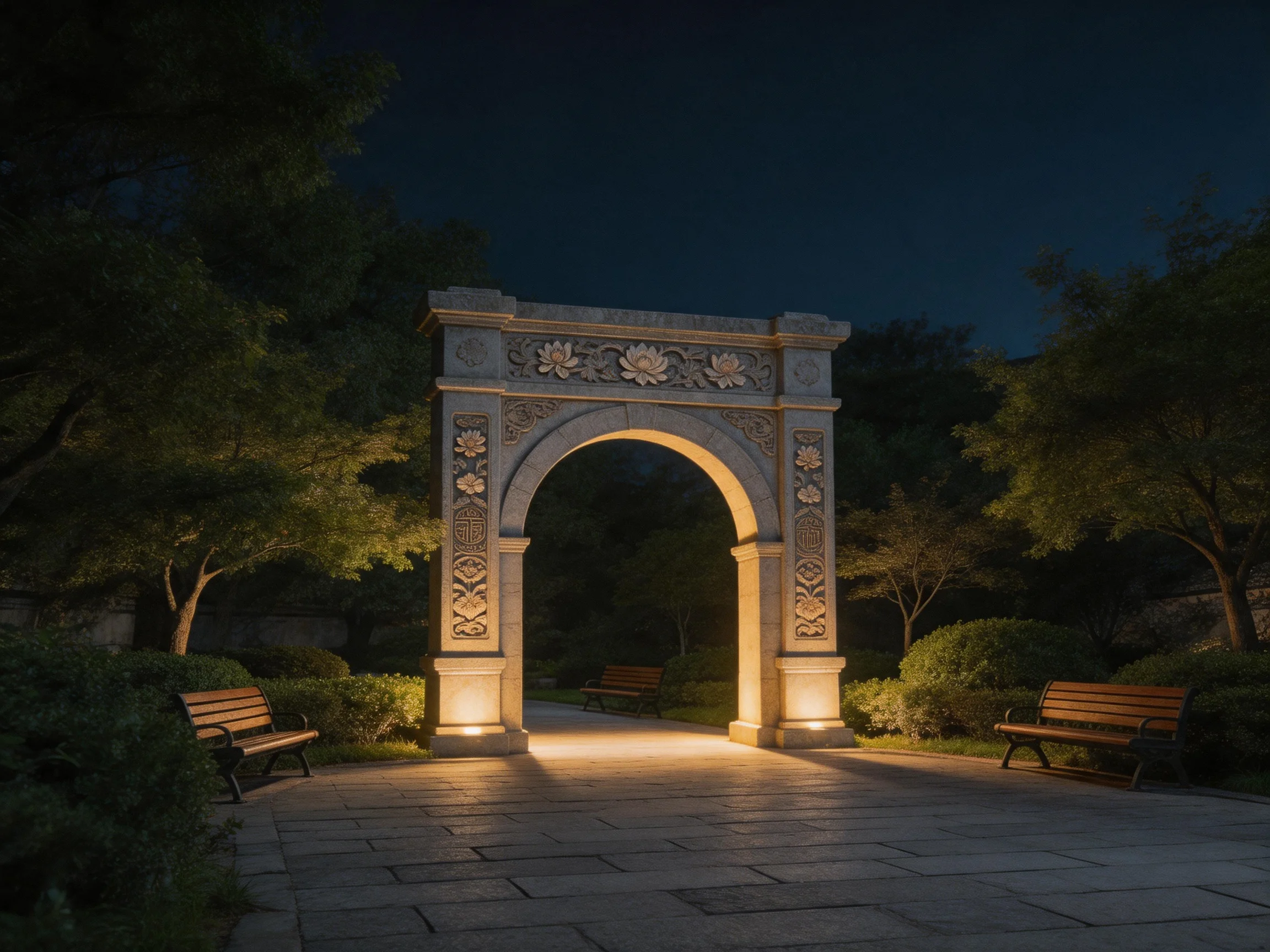 Ornate stone archway illuminated at night with wooden benches