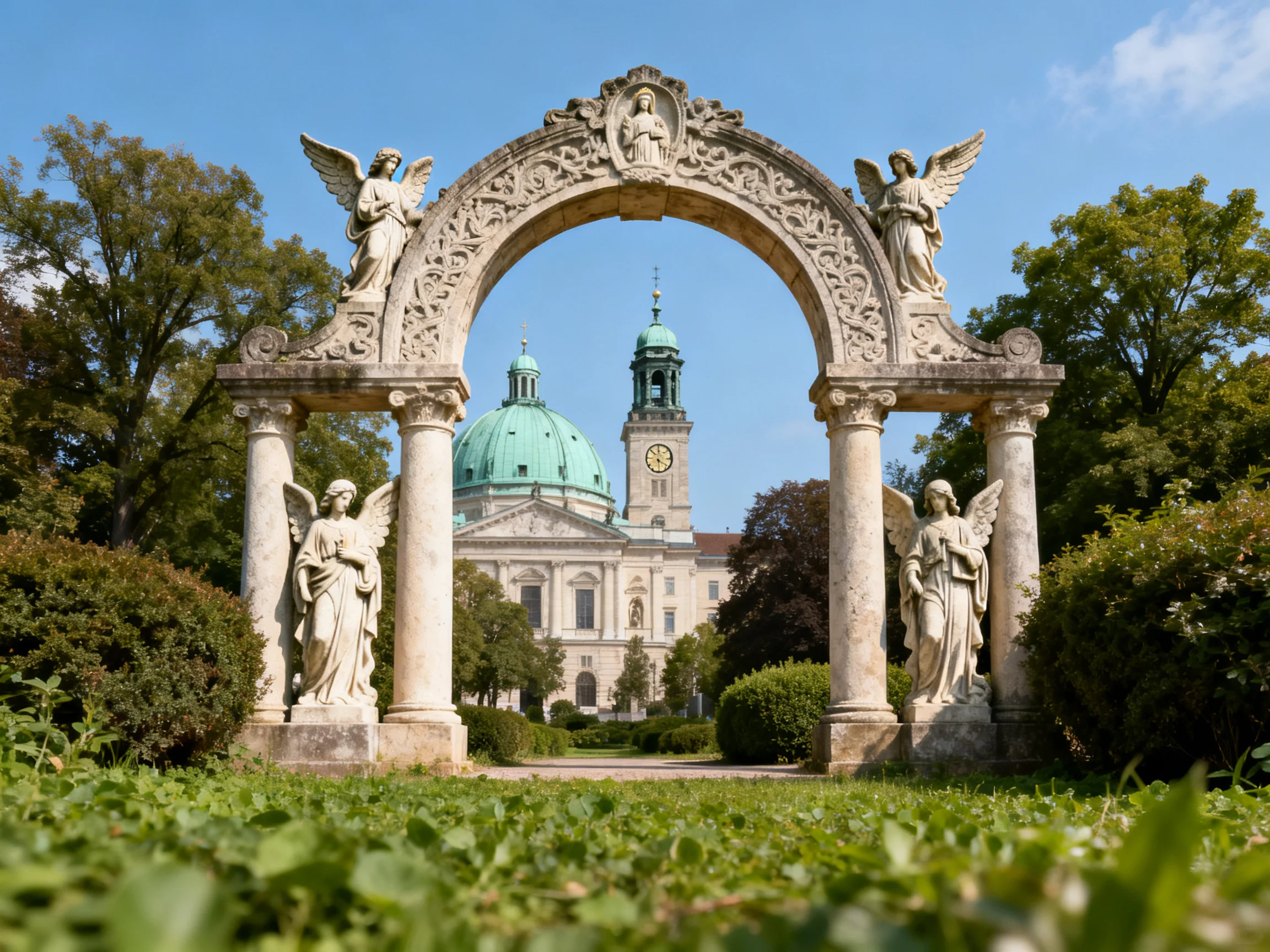 Ornate stone archway with angel statues framing a green-domed church