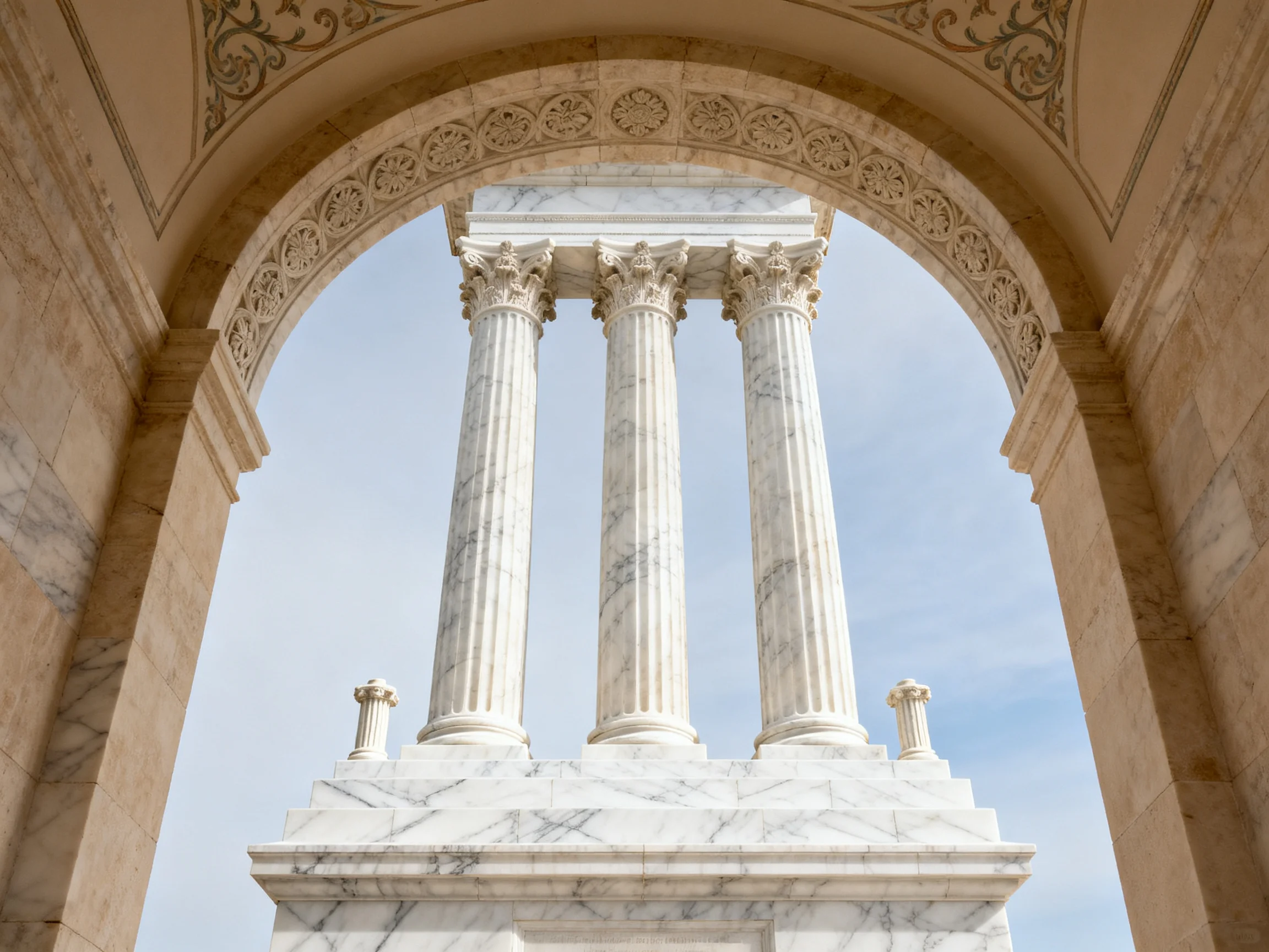 Ornate stone archway with decorative carvings frames three marble columns