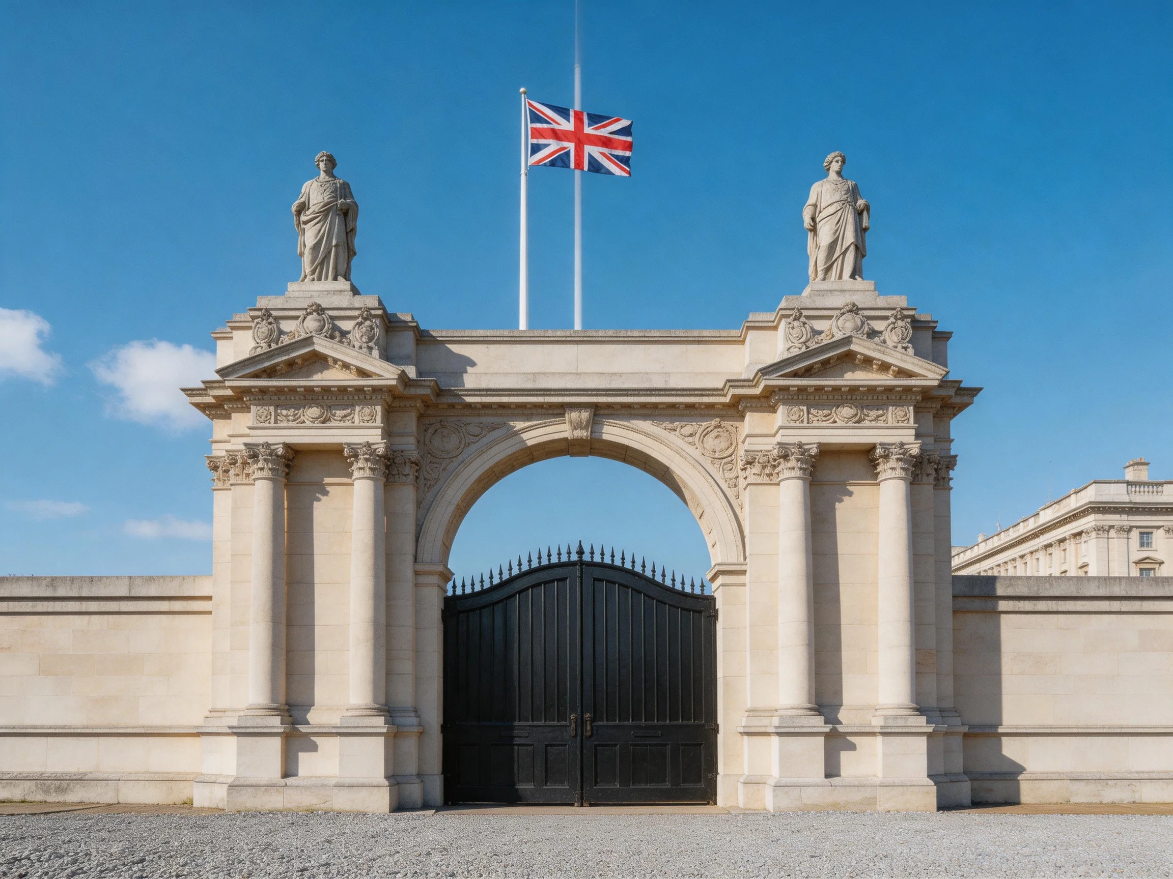 Ornate stone archway with statues, black gates, and Union Jack flag