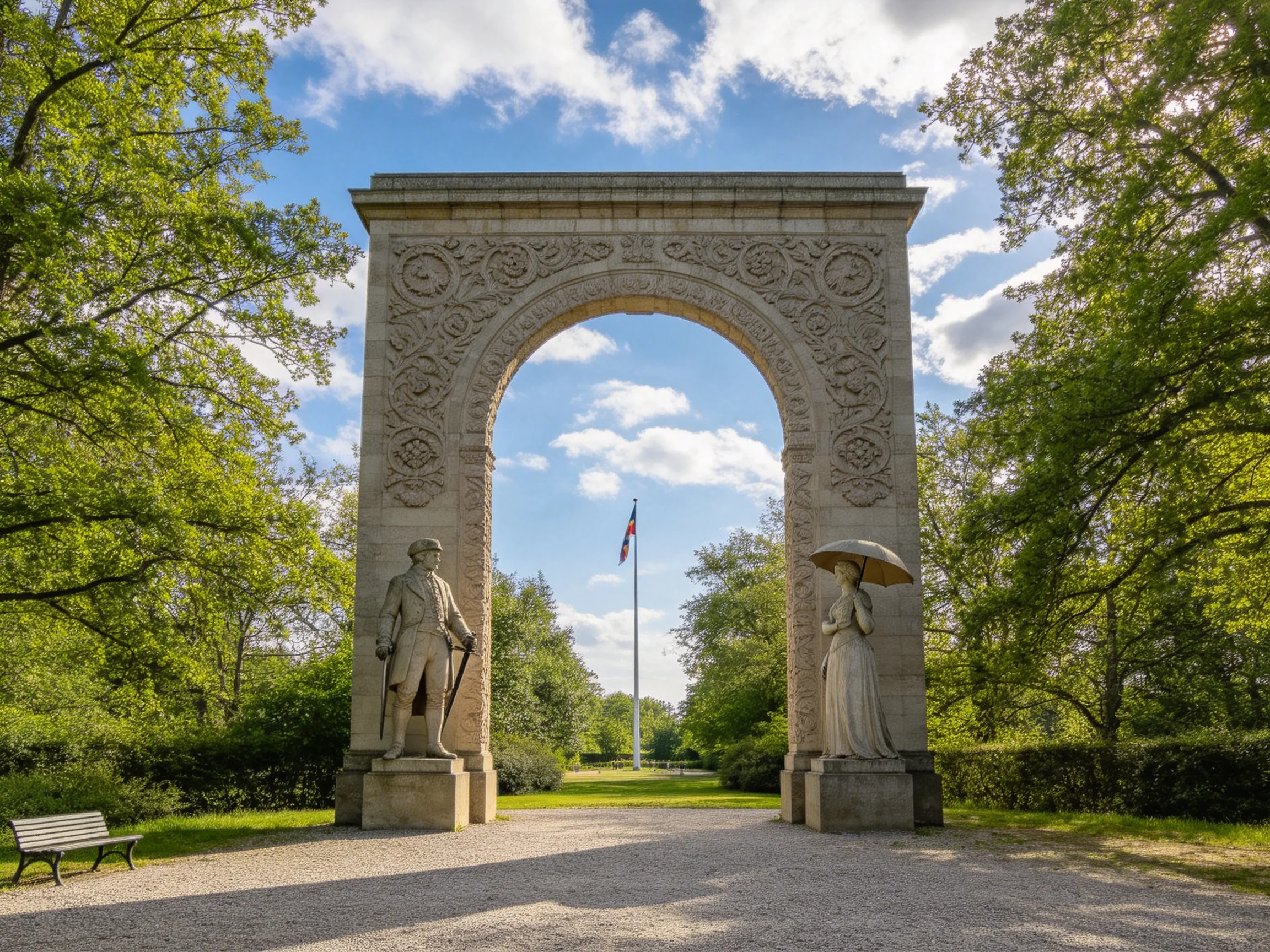 Ornate stone archway with statues, lush greenery, bright blue sky
