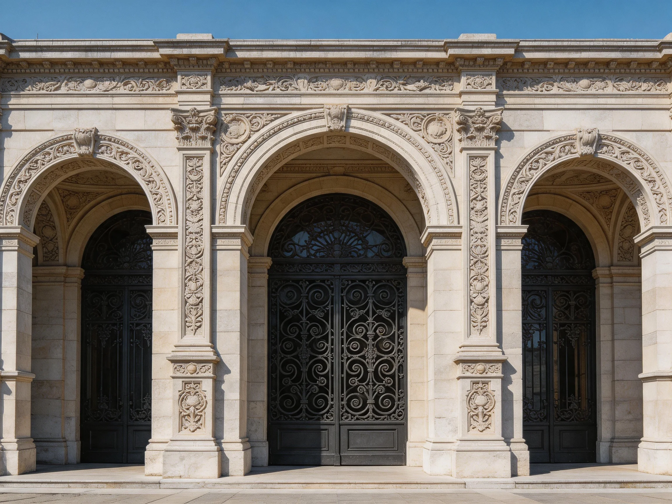 Ornate stone archway with three dark iron doors