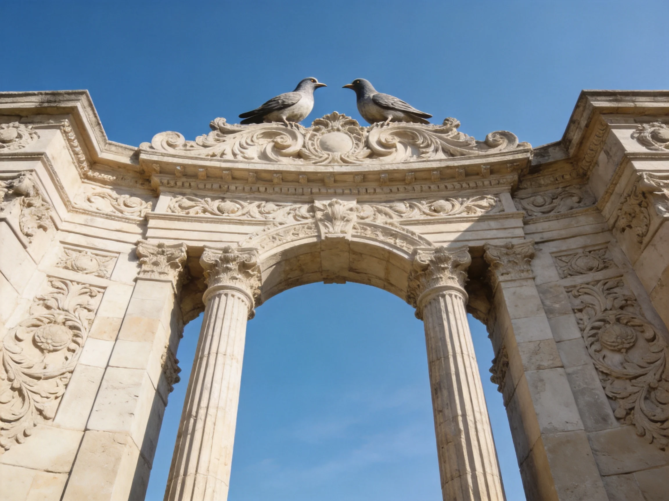 Ornate stone archway with two bird statues under clear blue sky
