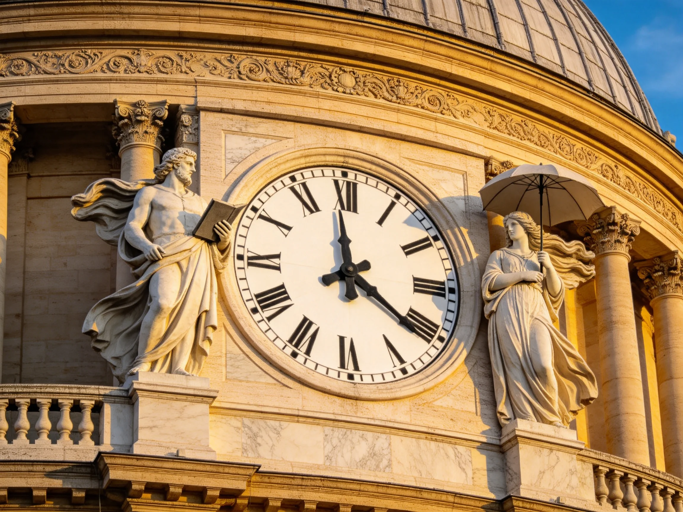 Ornate stone building with a large clock and marble statues