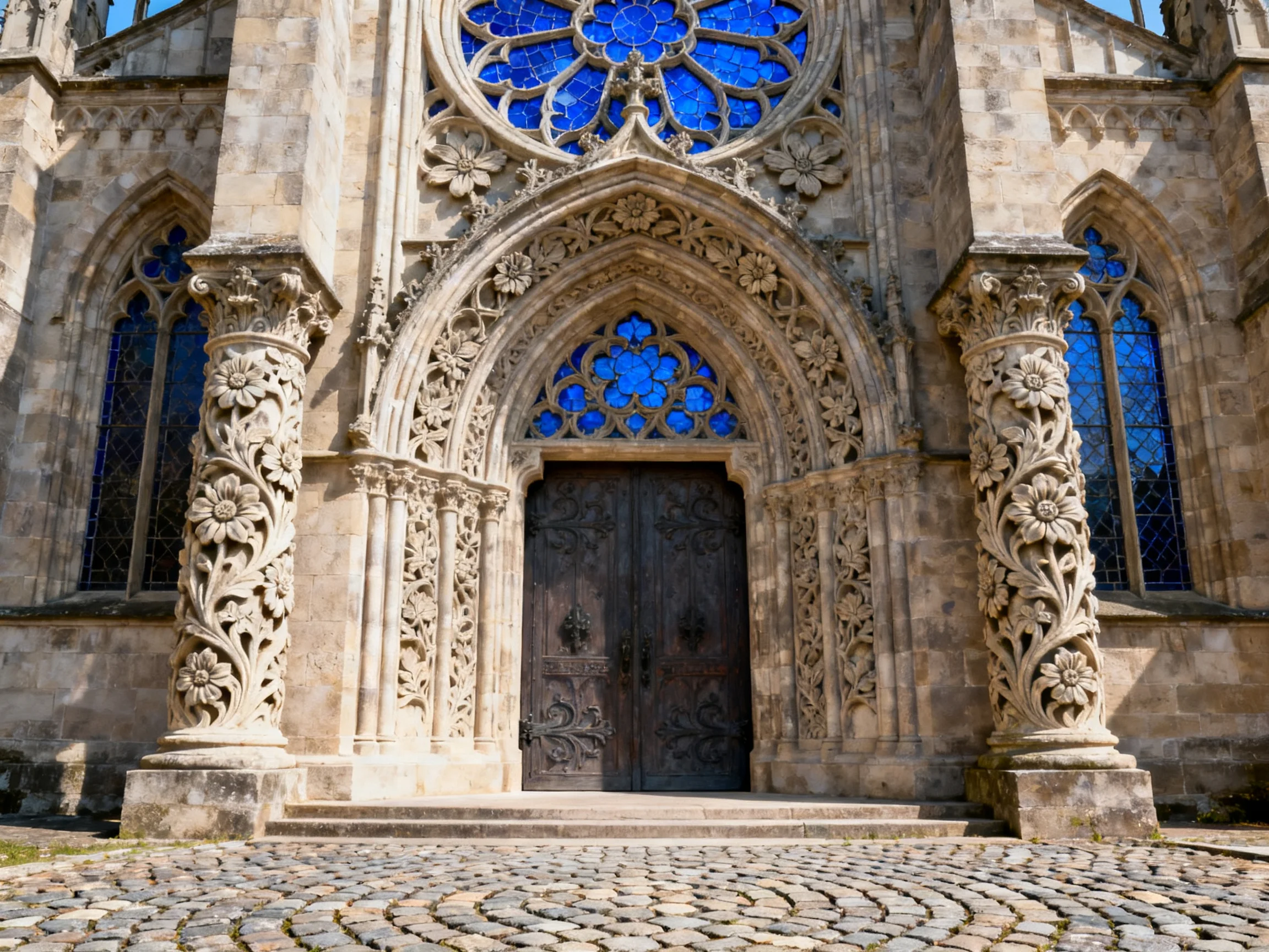 Ornate stone church entrance with blue stained glass windows