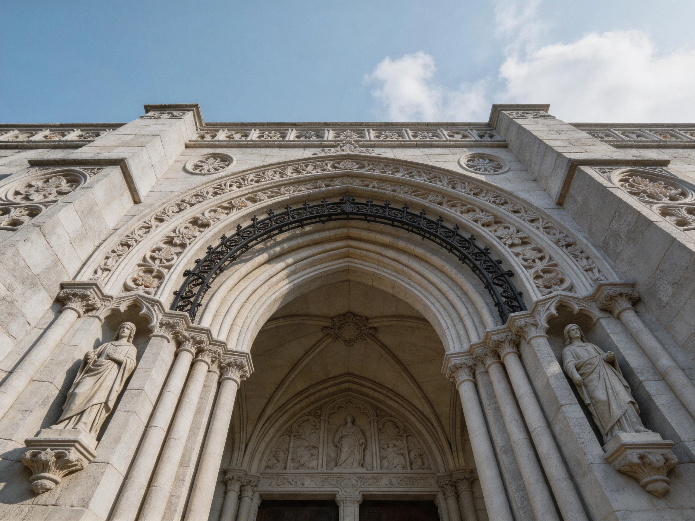 Ornate stone church facade with Gothic arch and statues