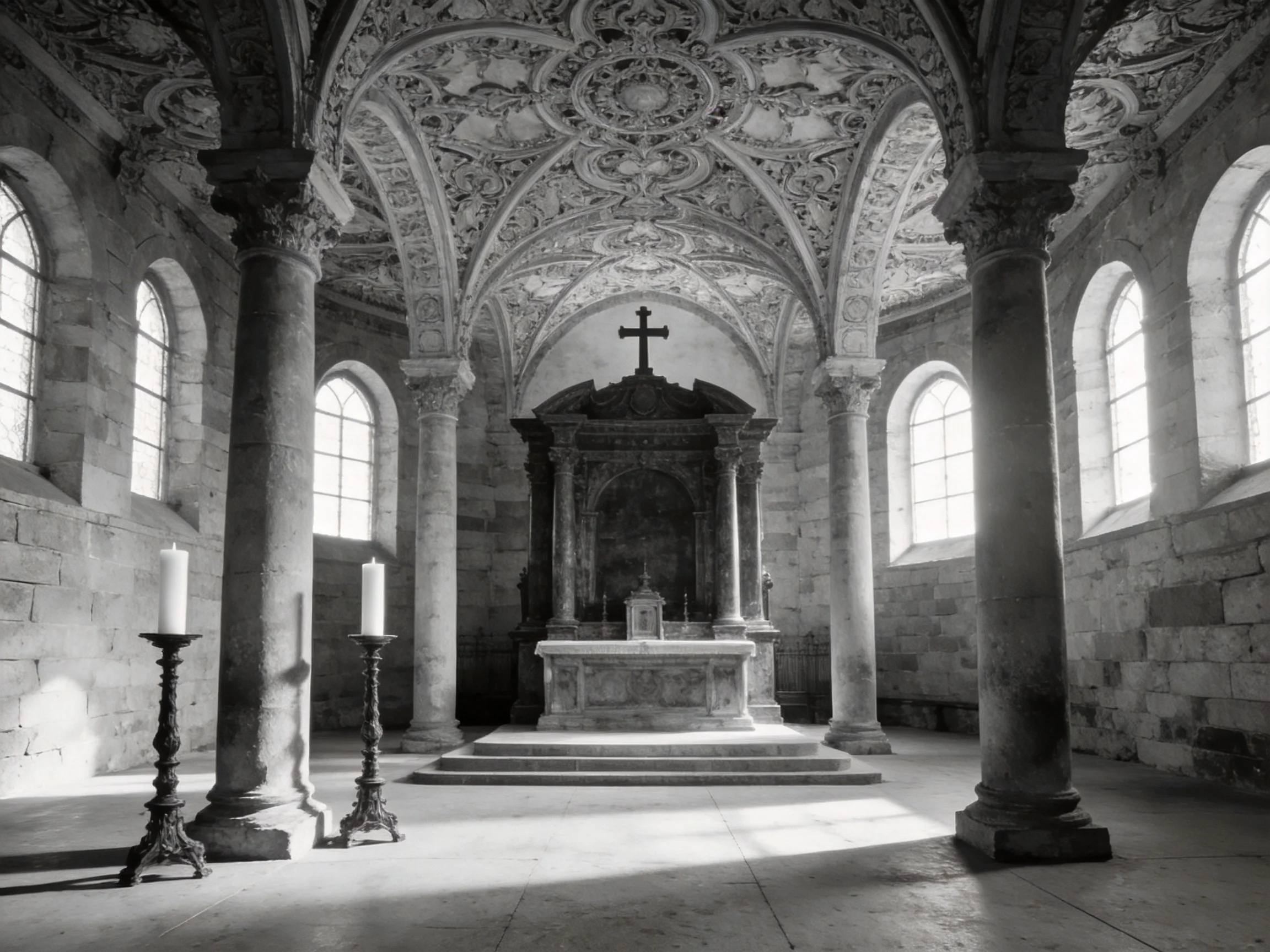 Ornate stone church interior with tall columns and detailed ceiling