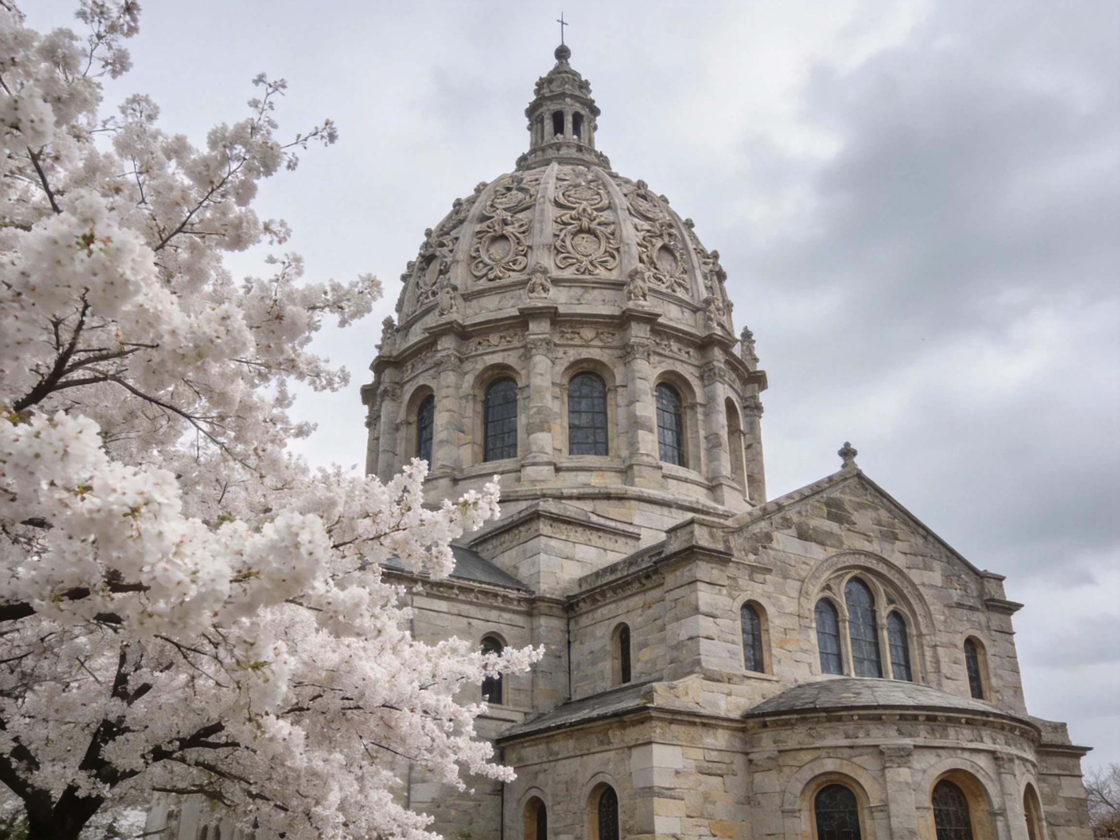 Ornate stone church with domed tower near blooming white cherry blossoms
