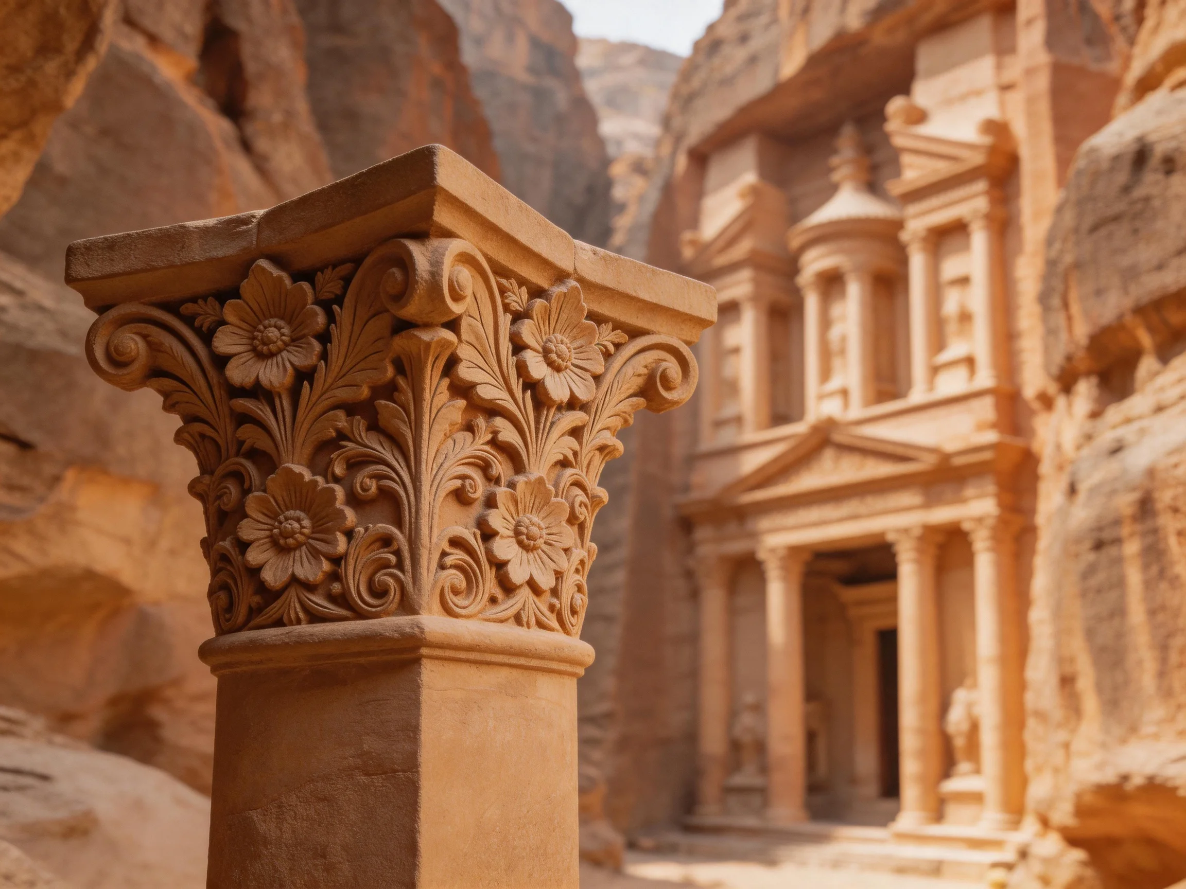 Ornate stone column near intricately carved desert temple structure