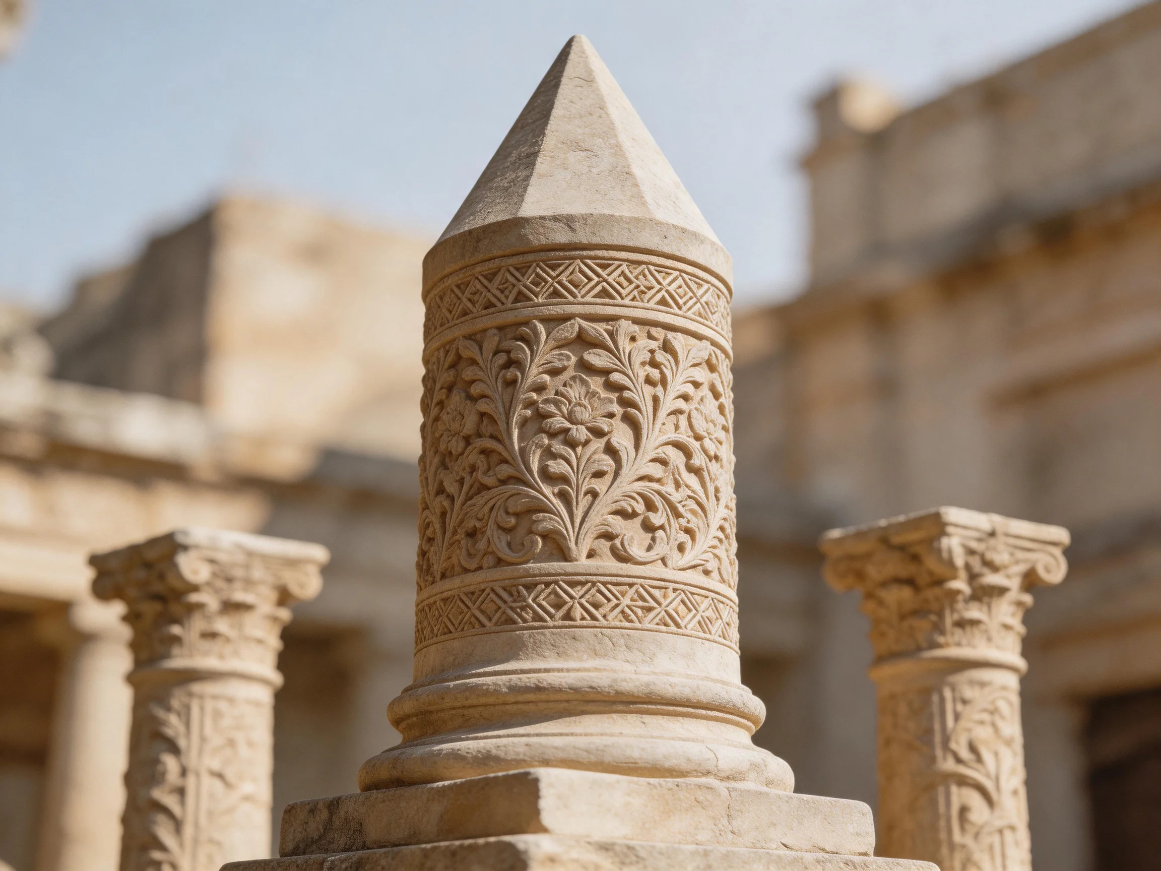 Ornate stone monument with floral carvings near ancient ruins