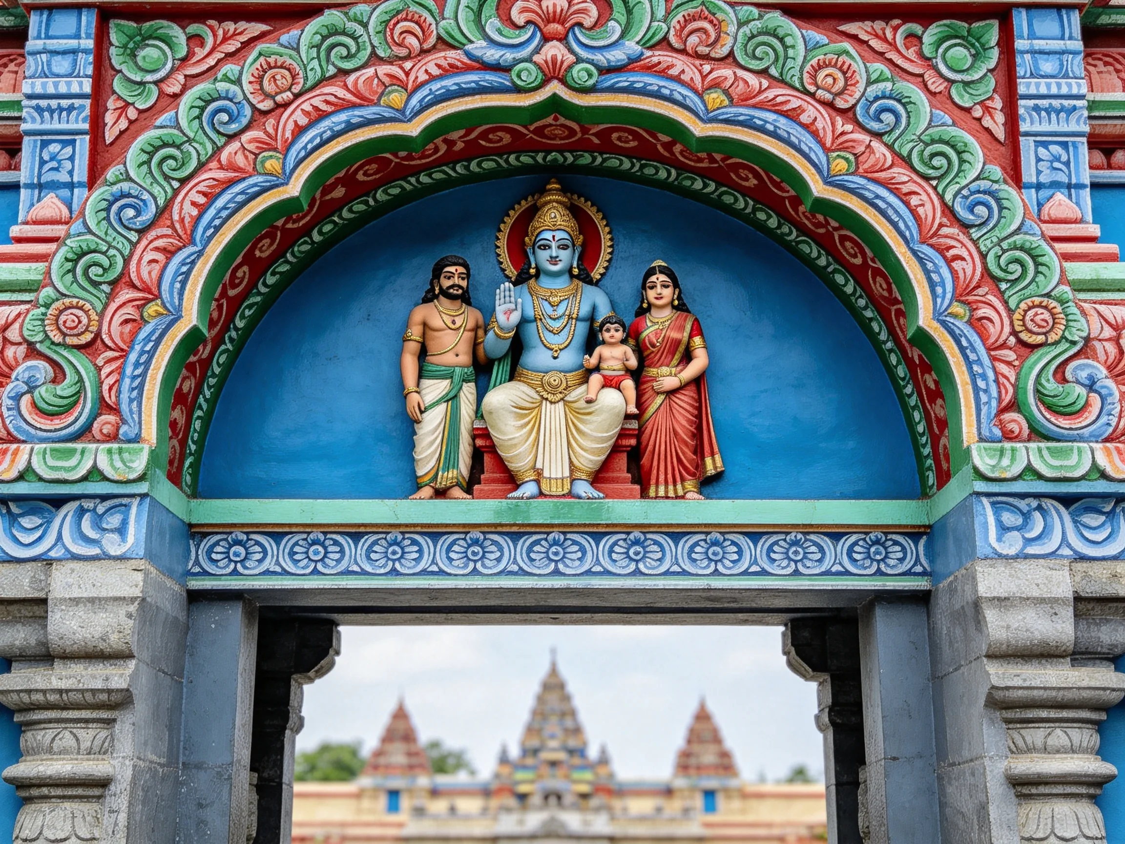 Ornate temple arch with deity mural