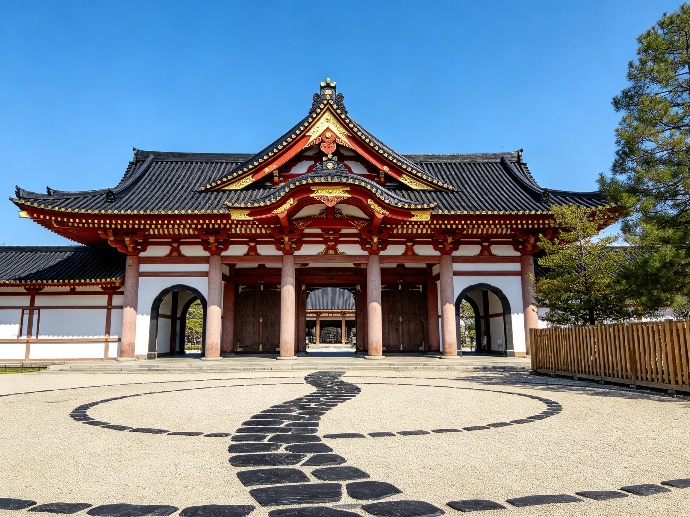 Ornate traditional Japanese temple gate with black tiled roof