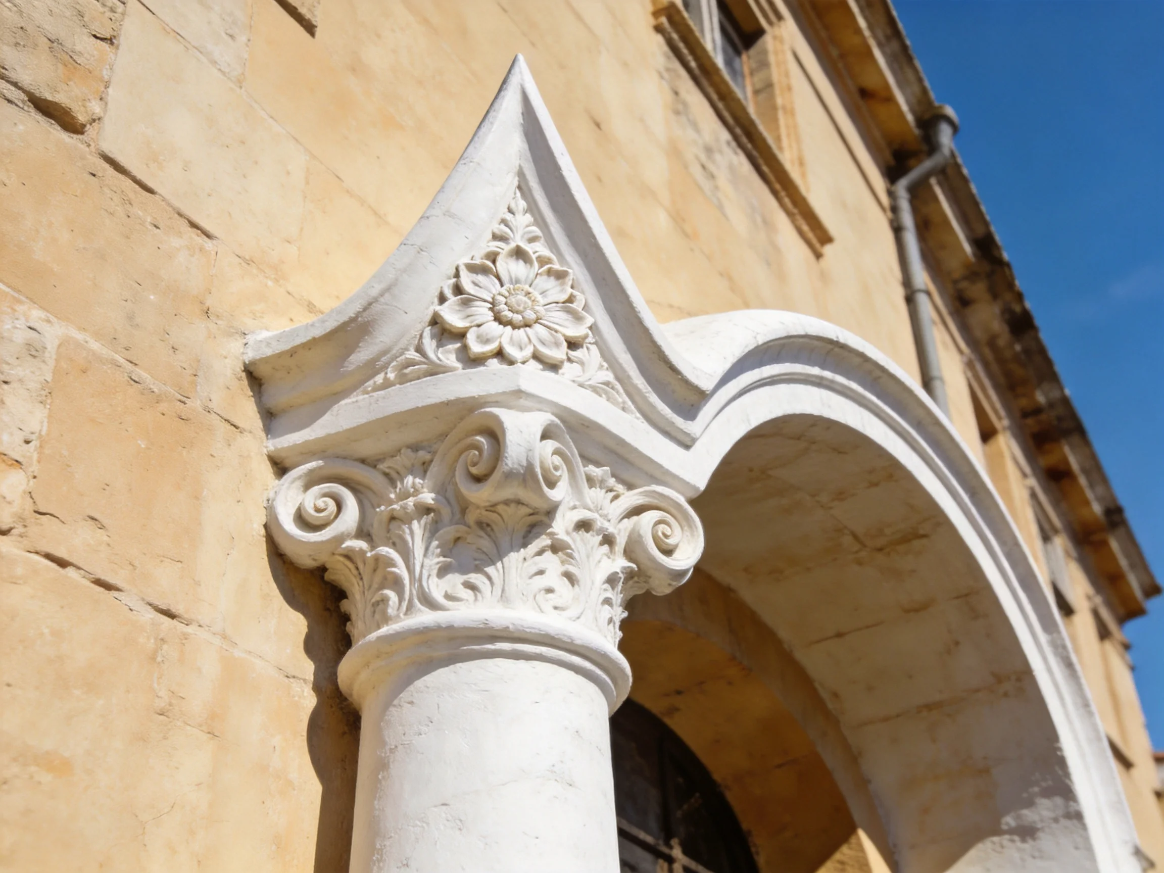 Ornate white column with floral carving on historic stone building