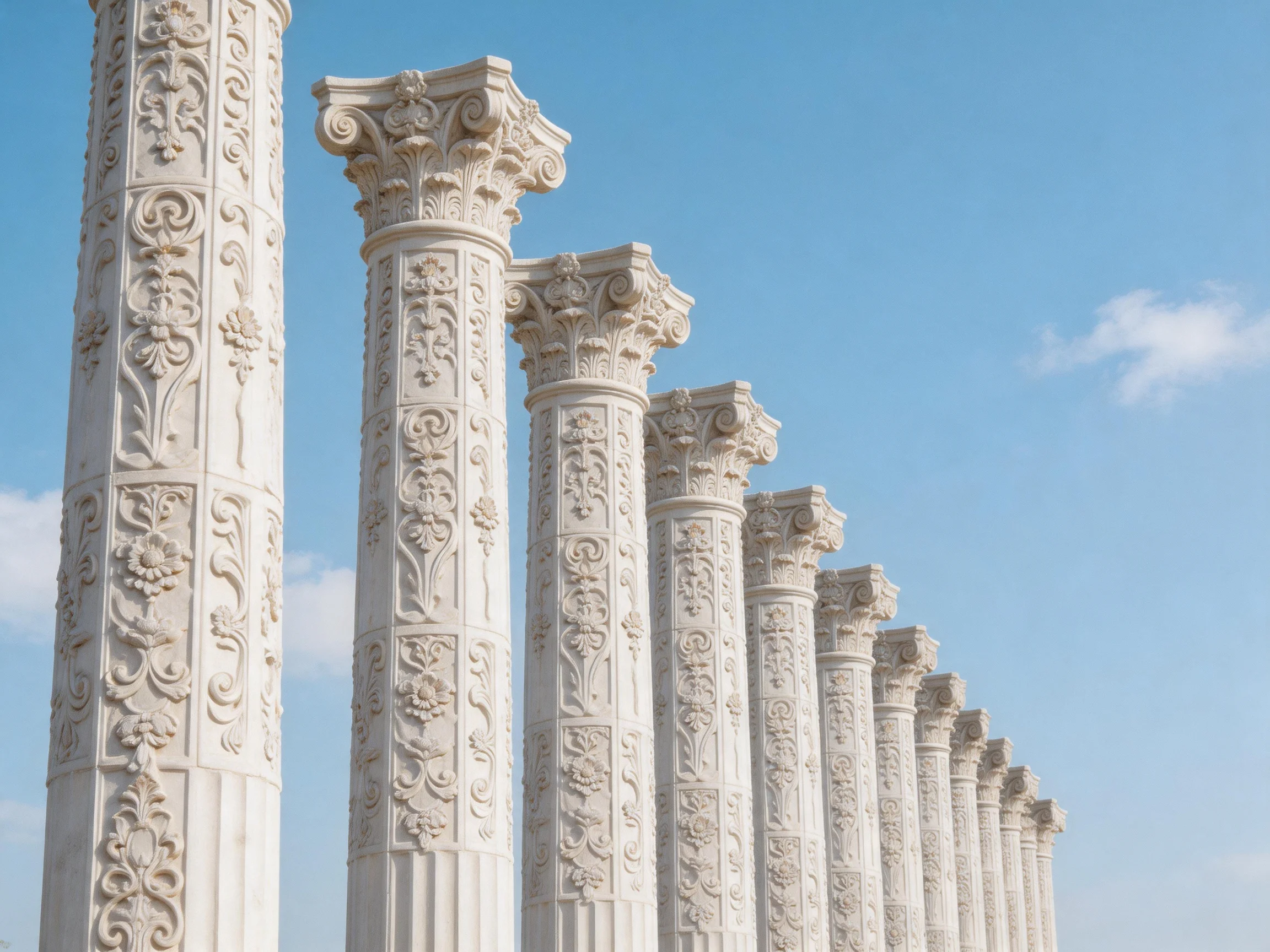 Ornate white stone columns lined up under a clear blue sky