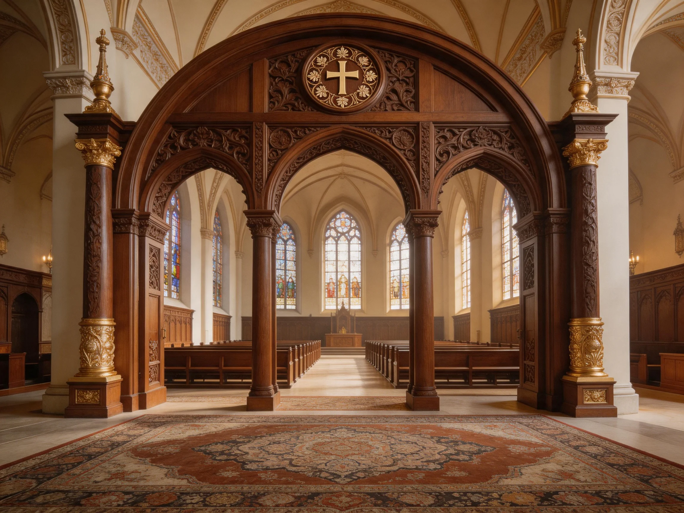 Ornate wooden arches in a historic church interior with stained glass