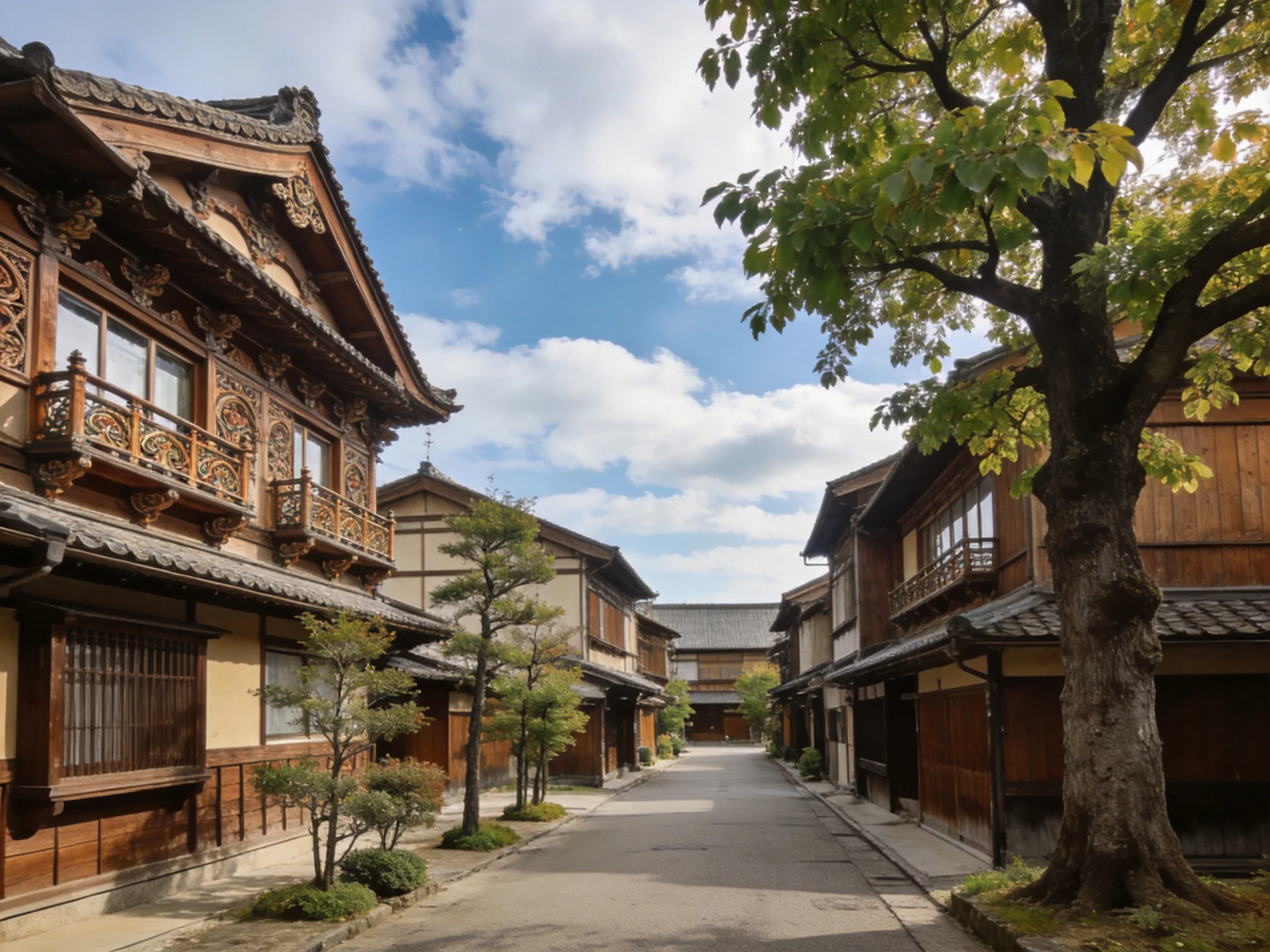 Ornate wooden buildings surround a tranquil historic street with trees