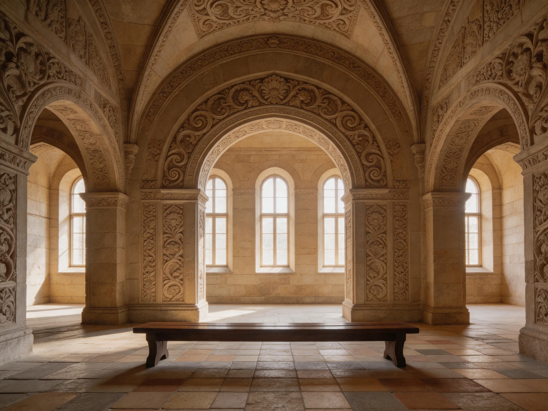 Ornately carved stone arches fill a sunlit historical hall