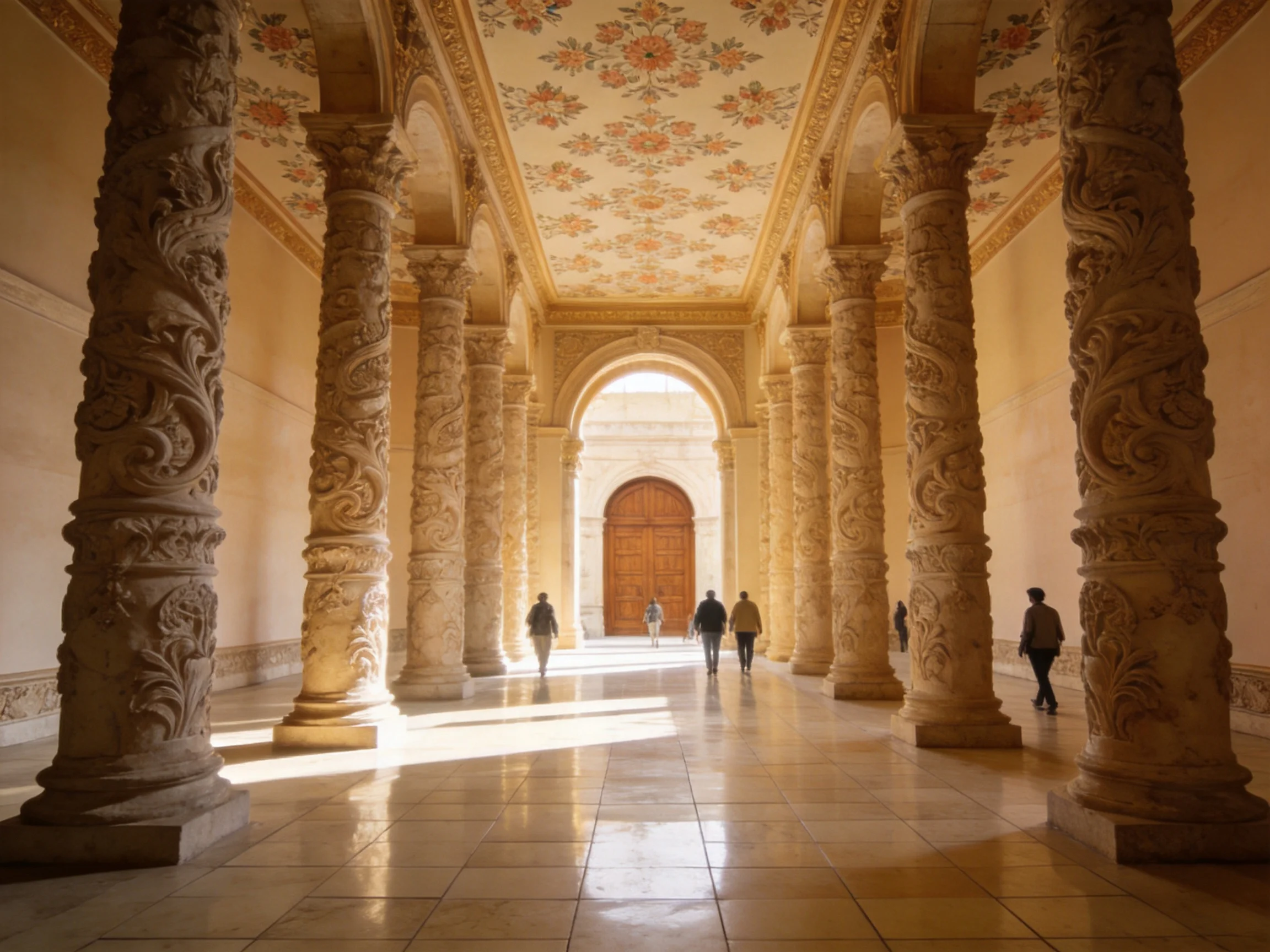 Ornately carved stone columns fill a historic decorative hallway