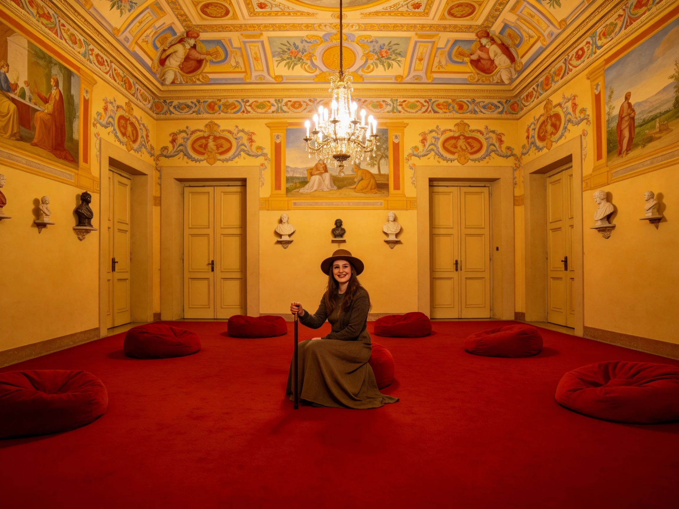 Ornately decorated room with red carpet, golden walls, and chandelier